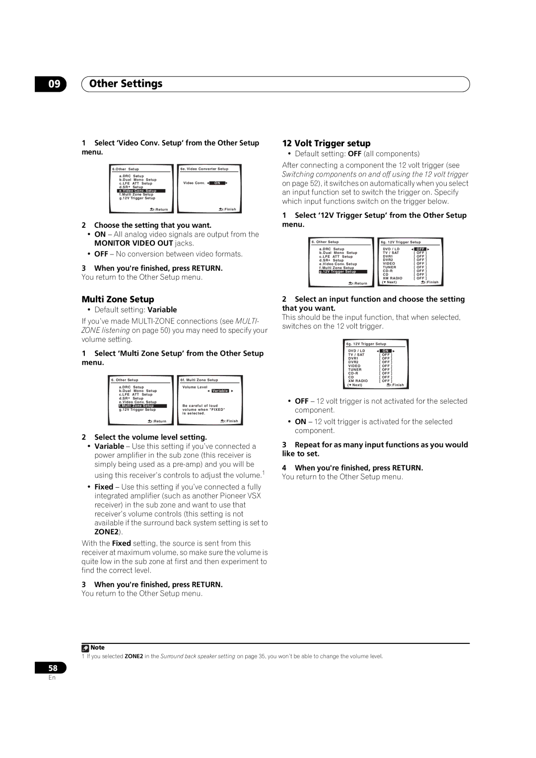 Pioneer VSX-90TXV operating instructions Multi Zone Setup, Volt Trigger setup 