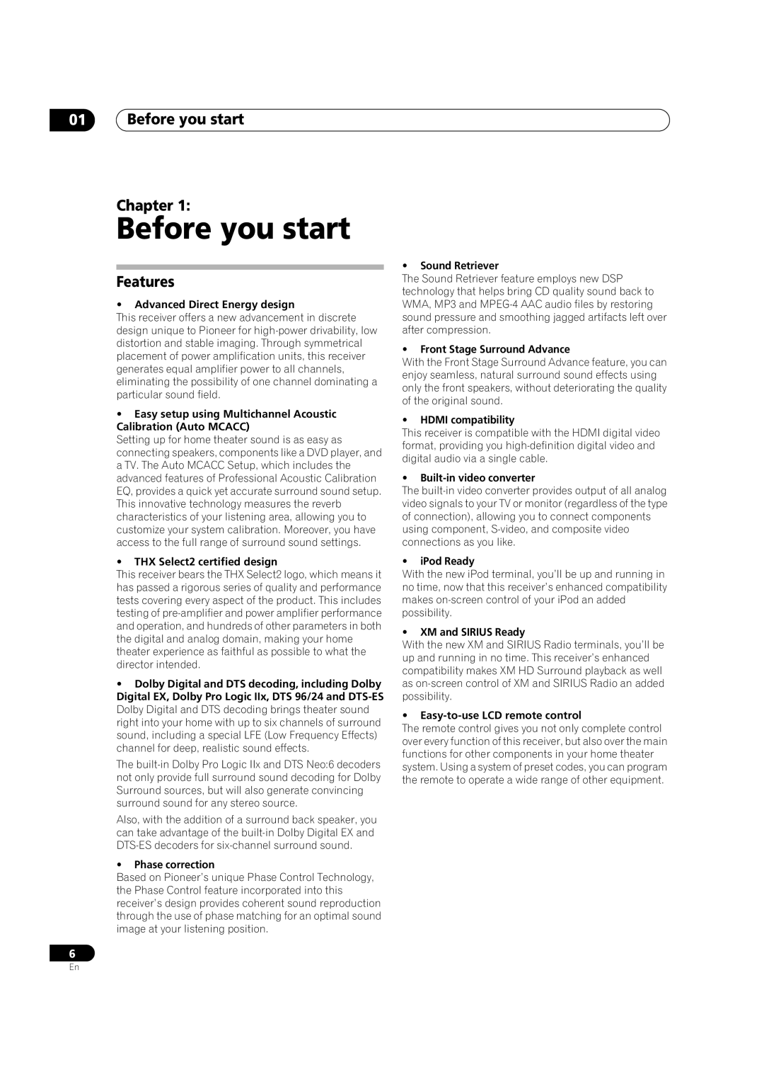 Pioneer VSX-90TXV operating instructions Before you start Chapter, Features 