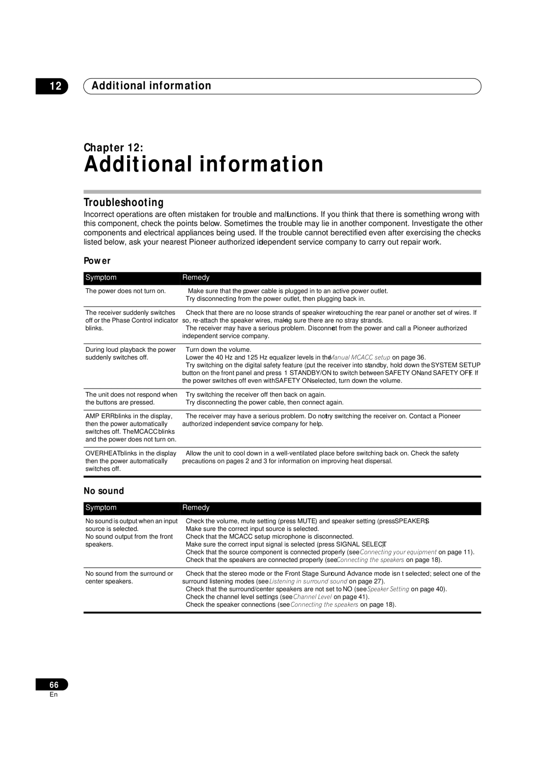 Pioneer VSX-90TXV operating instructions Additional information Chapter, Troubleshooting, Power, No sound 