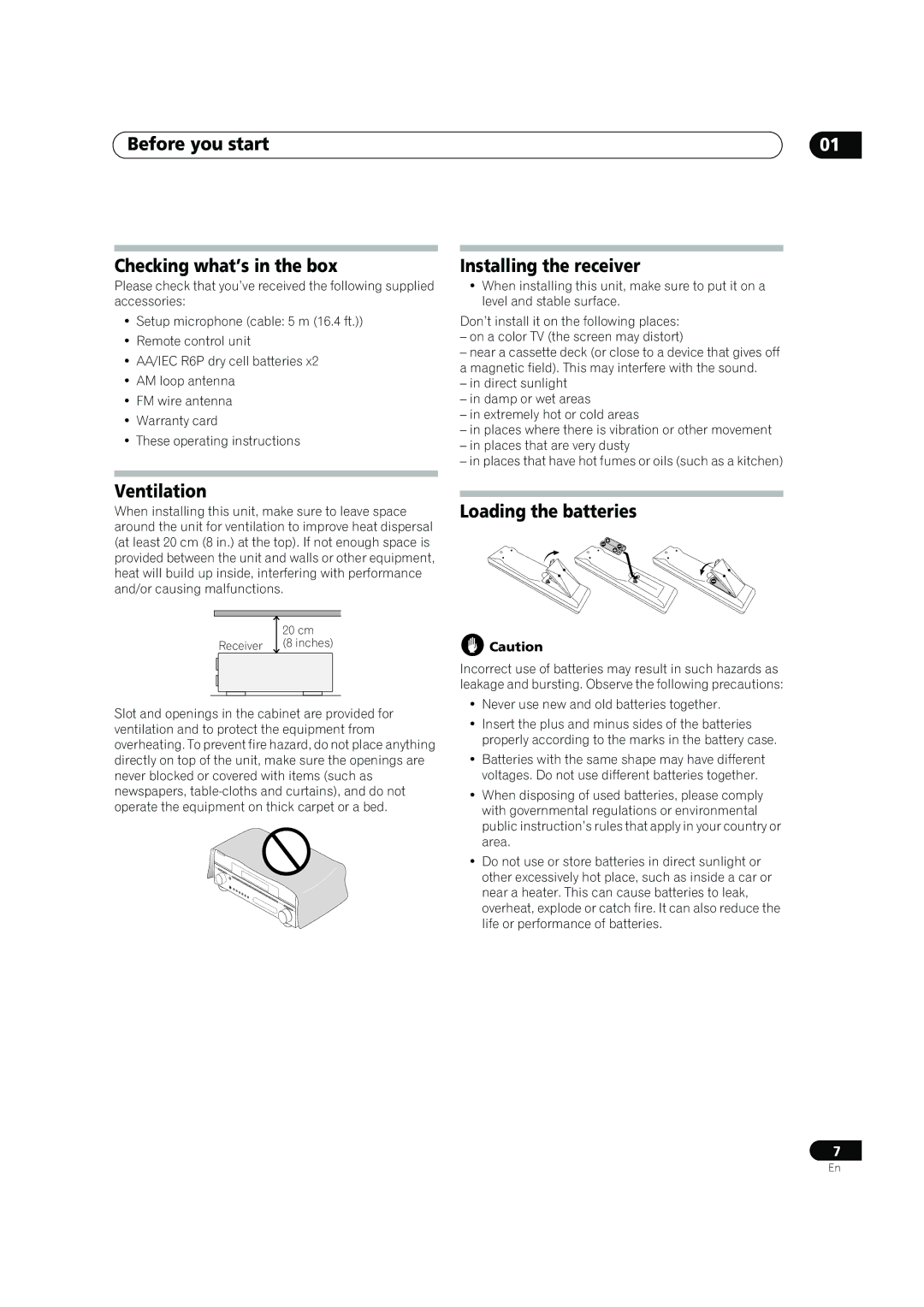 Pioneer VSX-90TXV operating instructions Before you start Checking what’s in the box, Installing the receiver, Ventilation 