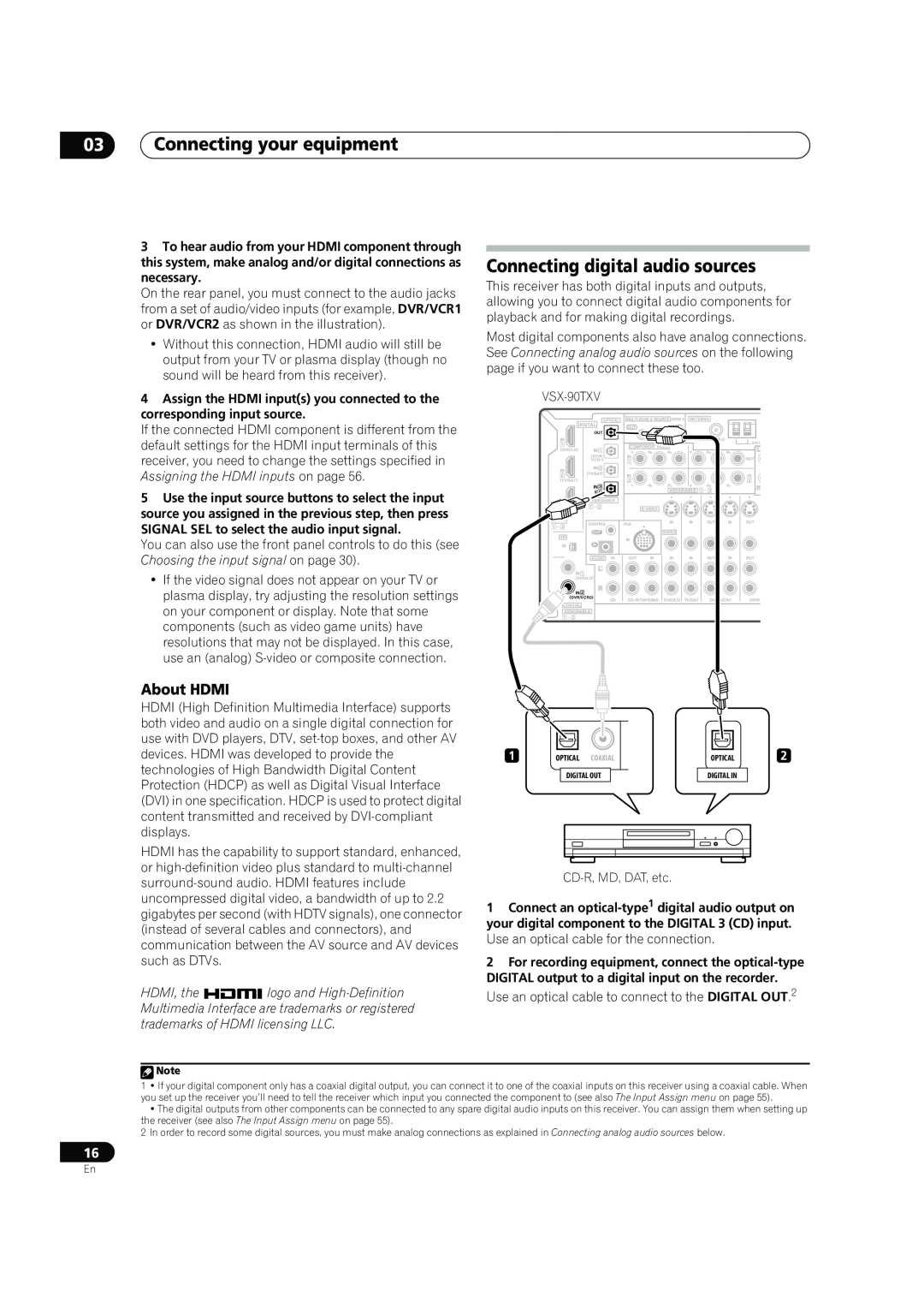 Pioneer VSX-90TXV operating instructions Connecting digital audio sources, About HDMI, 03Connecting your equipment 