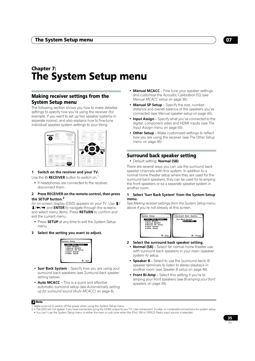 Pioneer VSX-90TXV operating instructions The System Setup menu, Surround back speaker setting, Chapter 