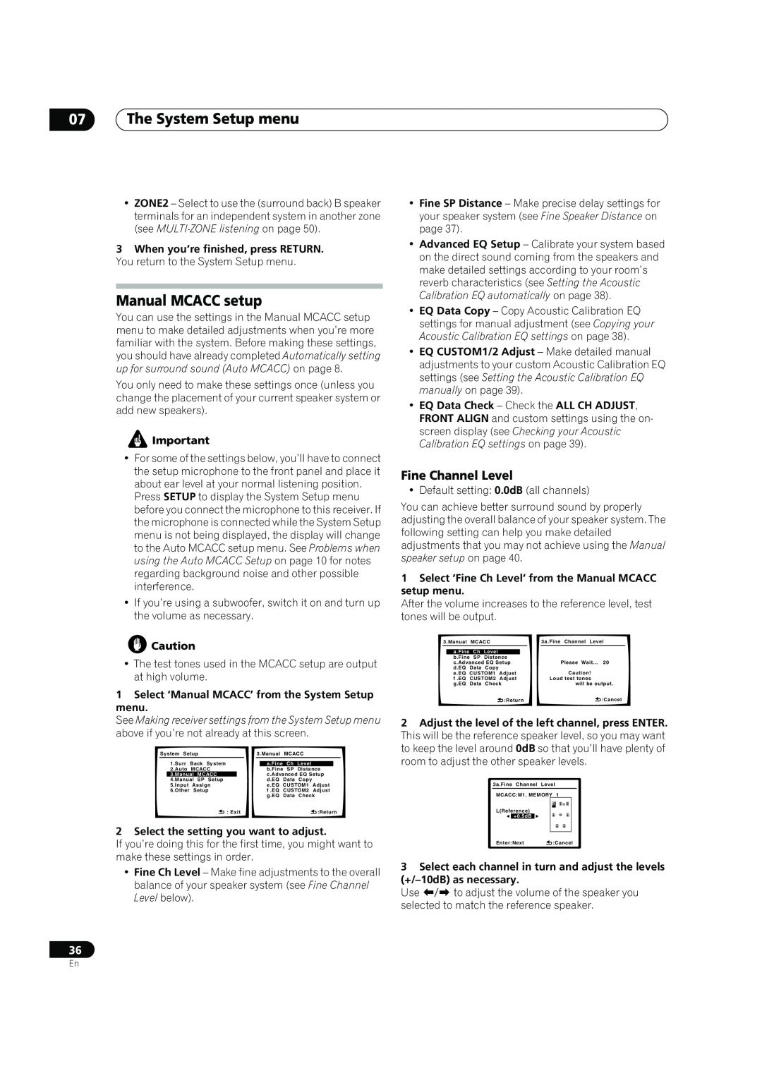 Pioneer VSX-90TXV operating instructions 07The System Setup menu, Manual MCACC setup, Fine Channel Level 
