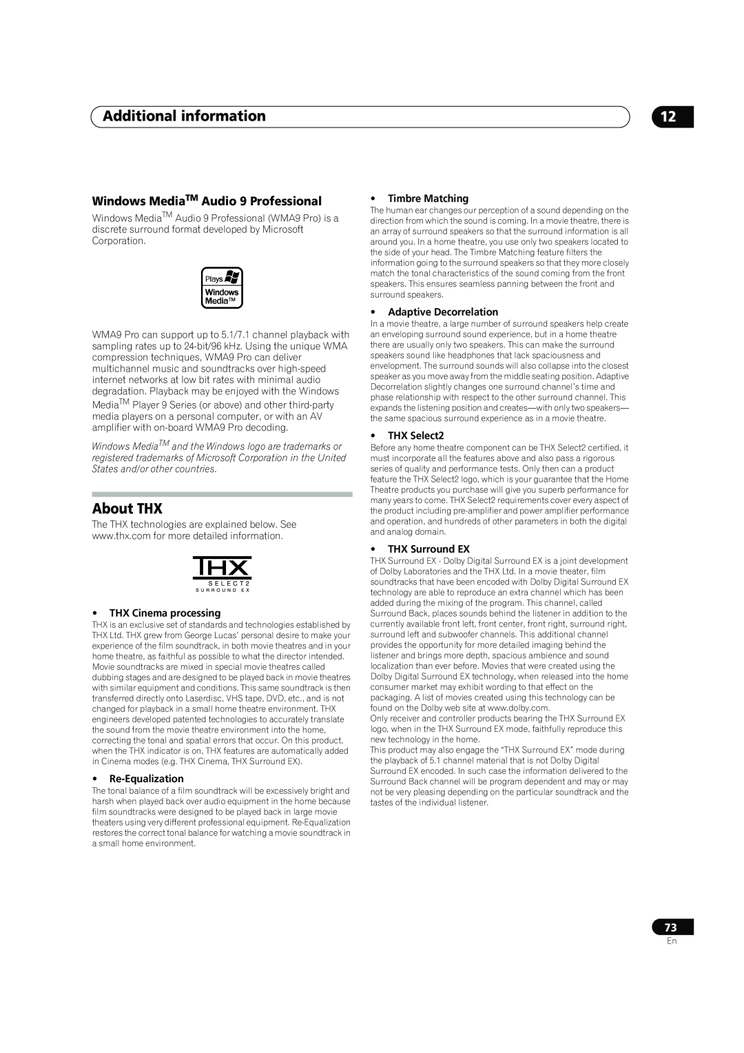Pioneer VSX-90TXV operating instructions About THX, Windows MediaTM Audio 9 Professional, Additional information 