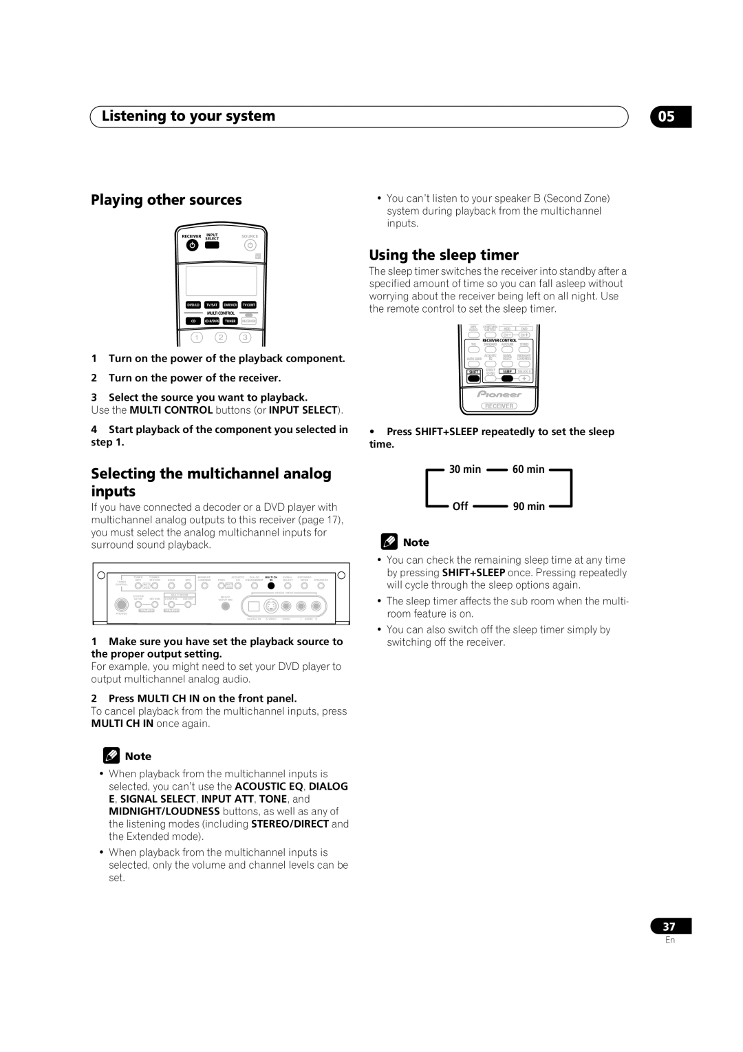 Pioneer VSX-9100TX Listening to your system Playing other sources, Using the sleep timer, 30 min, Off 