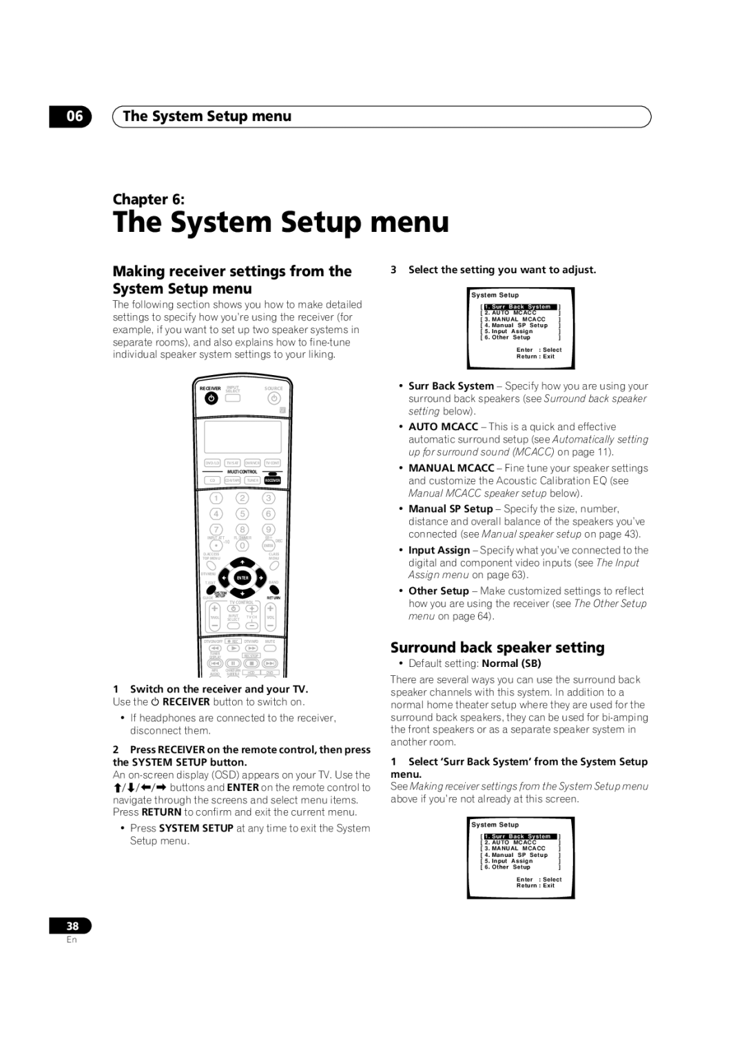 Pioneer VSX-9100TX System Setup menu Chapter, Making receiver settings from the System Setup menu 