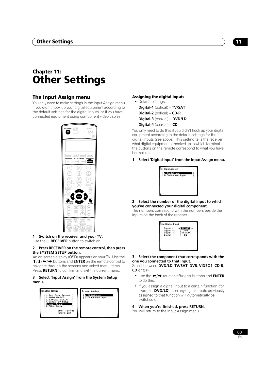 Pioneer VSX-9100TX operating instructions Other Settings Chapter, Input Assign menu, Assigning the digital inputs 