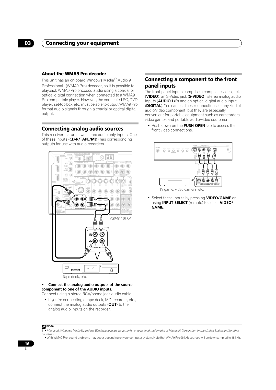 Pioneer VSX-9110TXV-K Connecting analog audio sources, Connecting a component to the front panel inputs, Tape deck, etc 