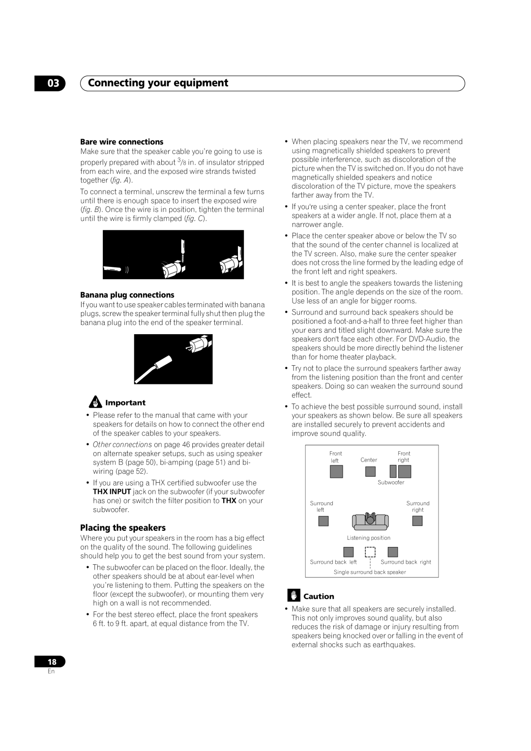 Pioneer VSX-9110TXV-K operating instructions Placing the speakers, Bare wire connections, Banana plug connections 