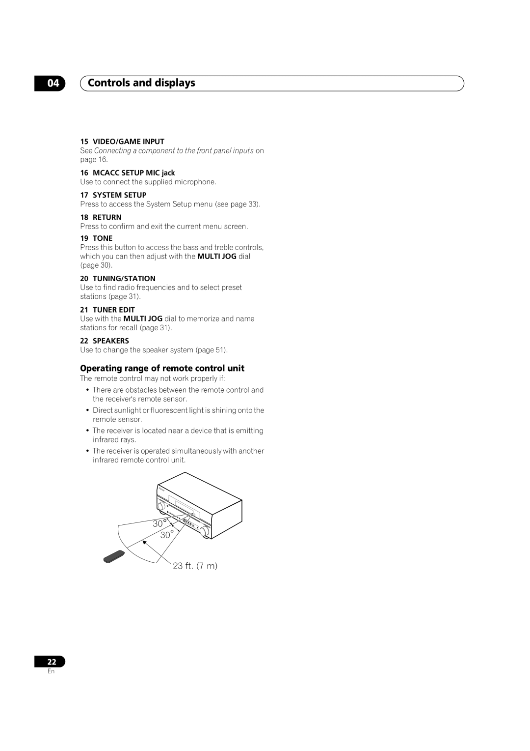 Pioneer VSX-9110TXV-K operating instructions Controls and displays, Operating range of remote control unit 