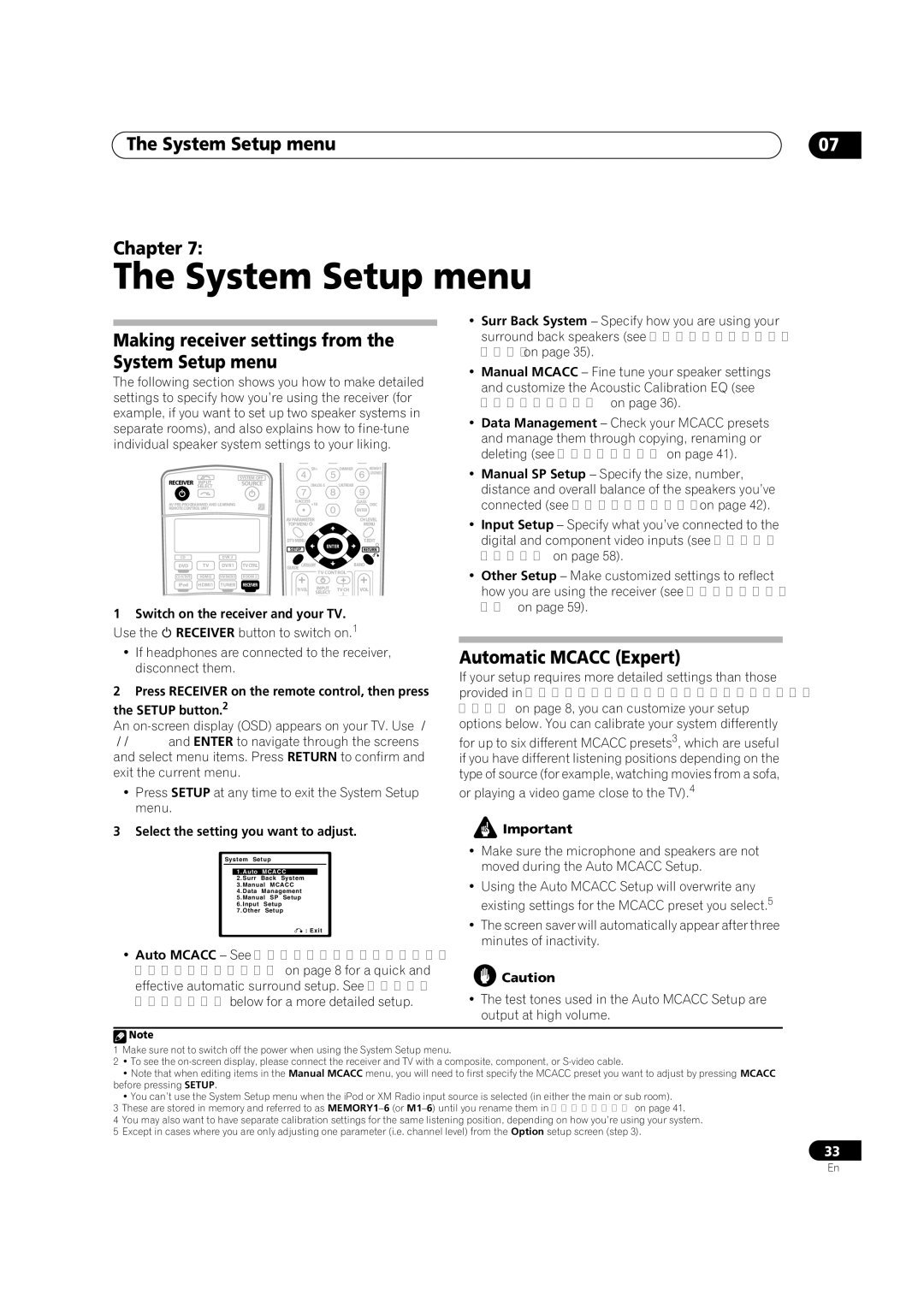 Pioneer VSX-9110TXV-K System Setup menu Chapter, Making receiver settings from the System Setup menu 