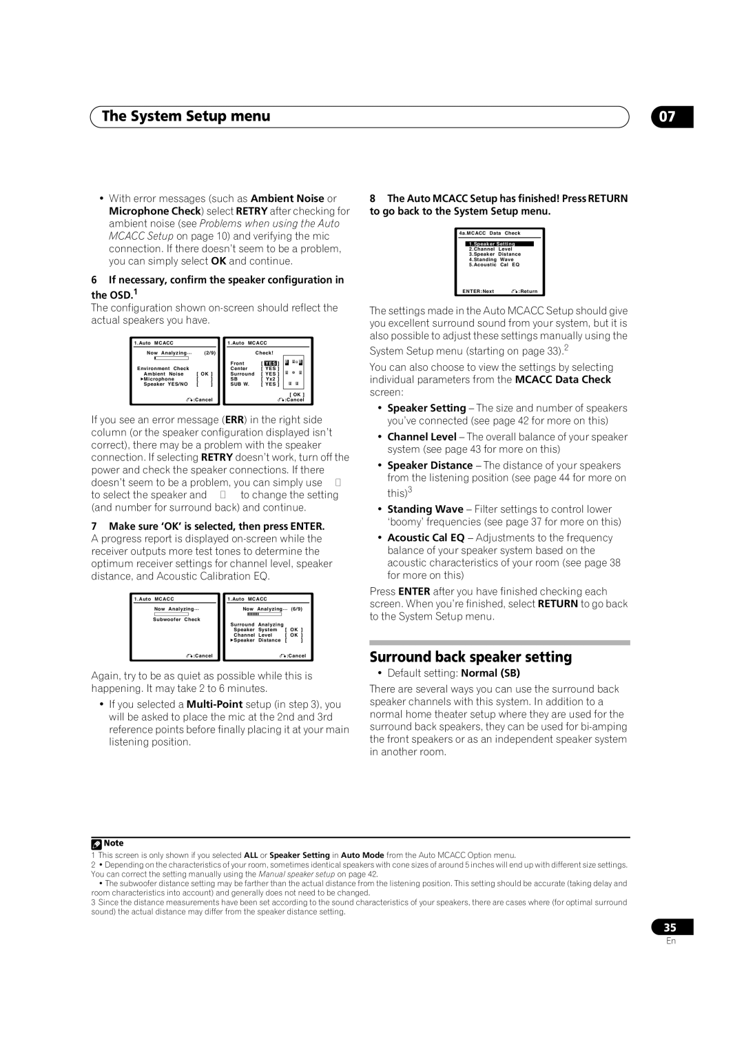 Pioneer VSX-9110TXV-K Surround back speaker setting, If necessary, confirm the speaker configuration in the OSD.1 