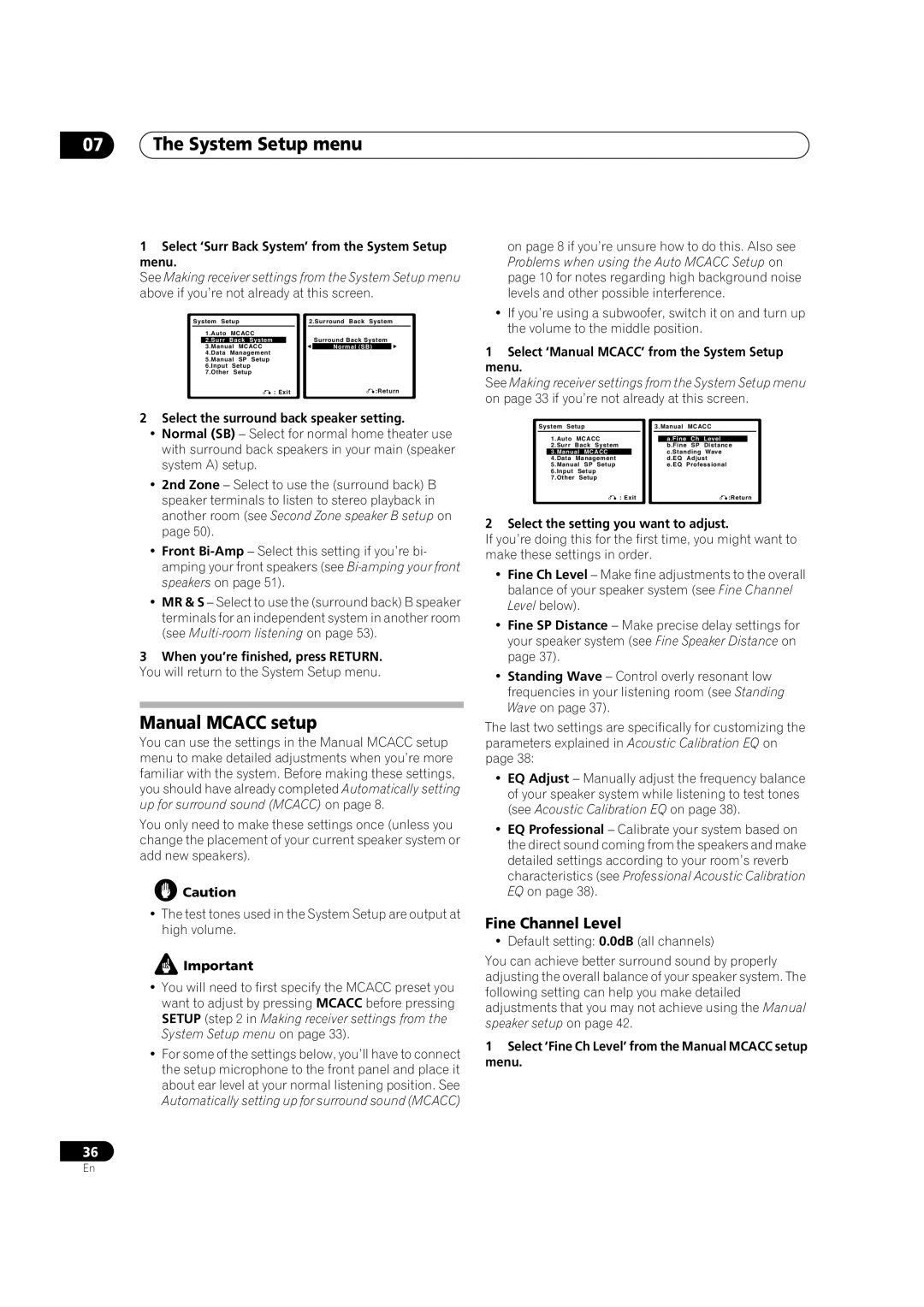 Pioneer VSX-9110TXV-K operating instructions Manual Mcacc setup, Fine Channel Level 