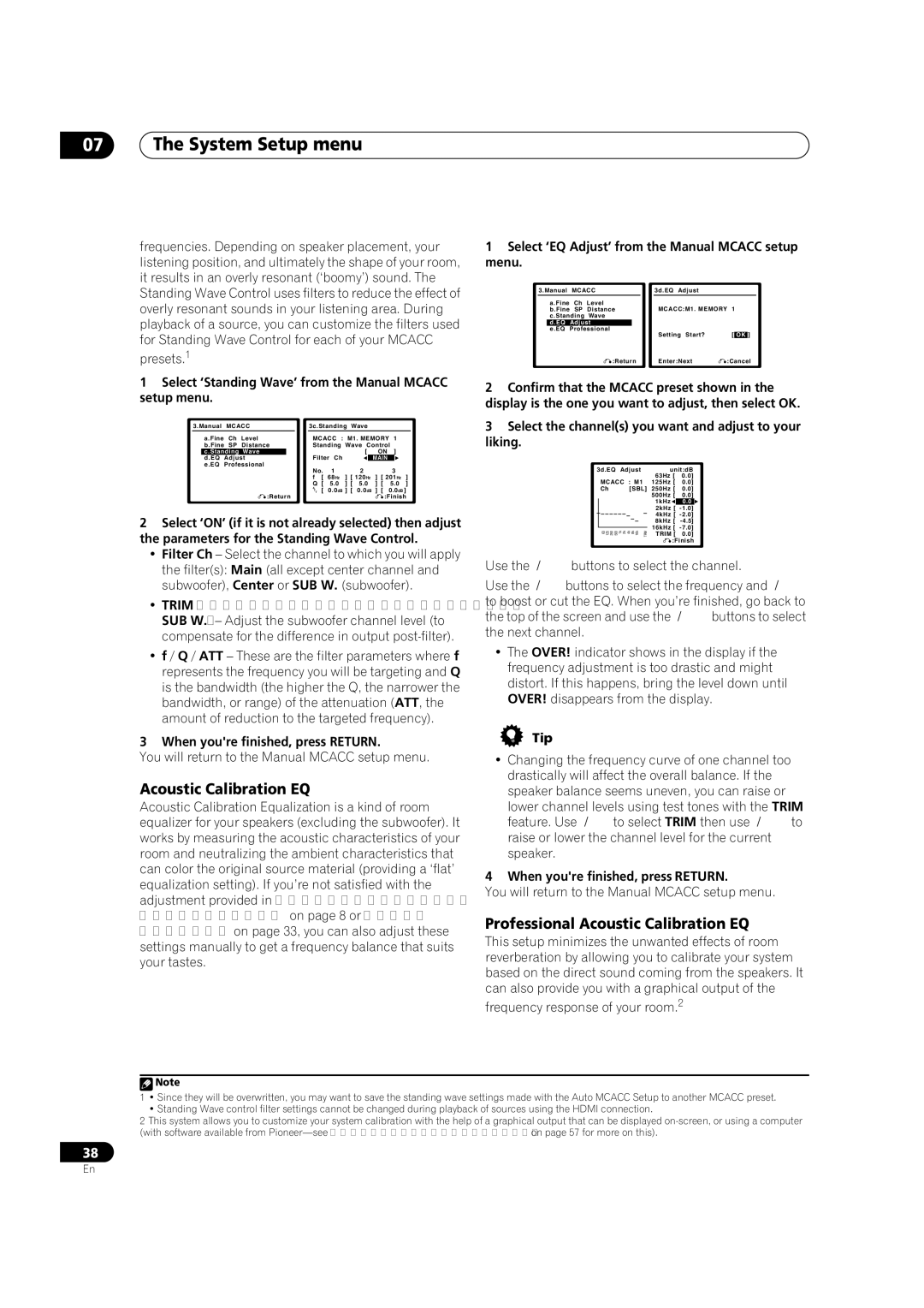 Pioneer VSX-9110TXV-K Professional Acoustic Calibration EQ, Select ‘Standing Wave’ from the Manual Mcacc setup menu 