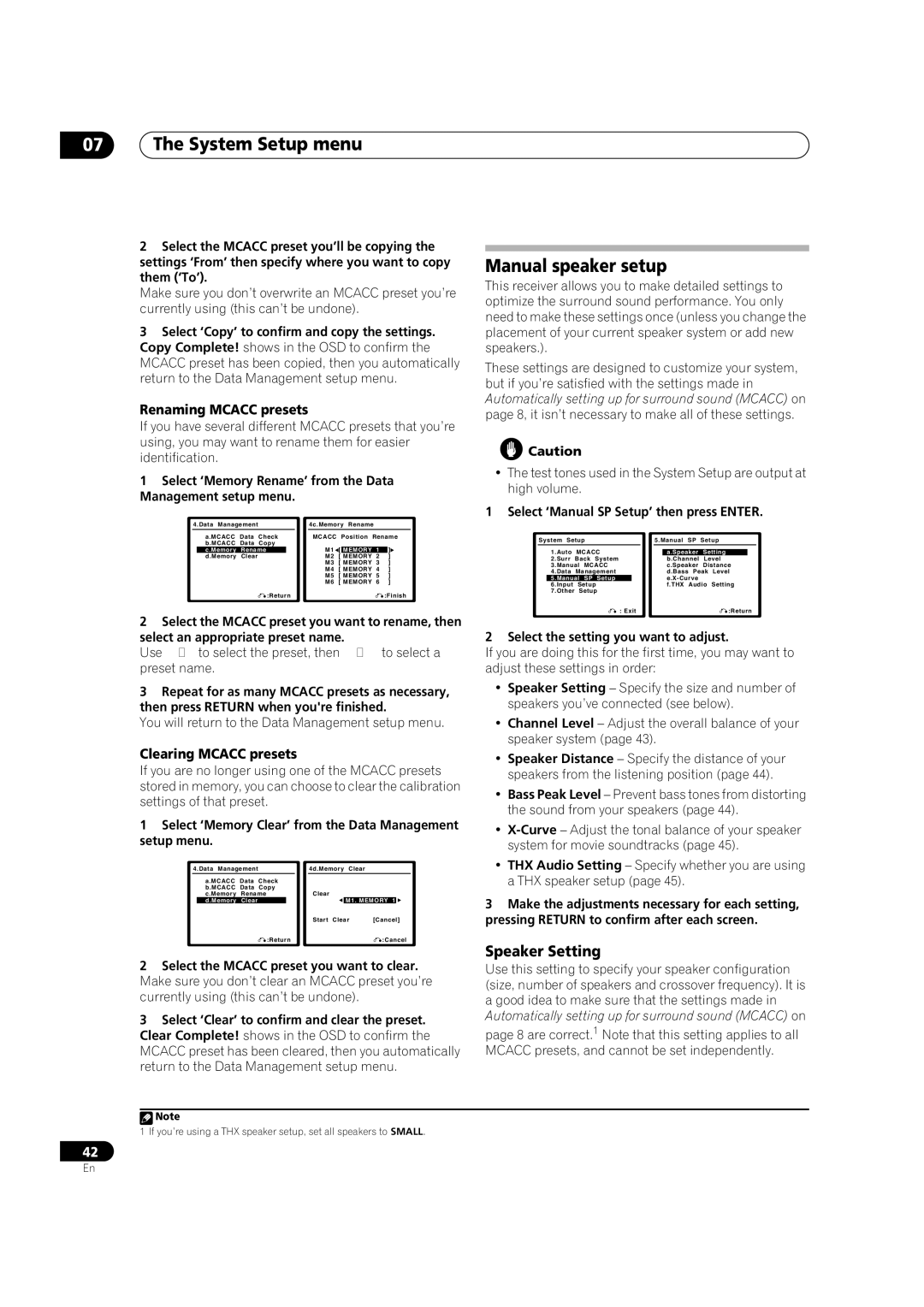 Pioneer VSX-9110TXV-K Manual speaker setup, Speaker Setting, Renaming Mcacc presets, Clearing Mcacc presets 