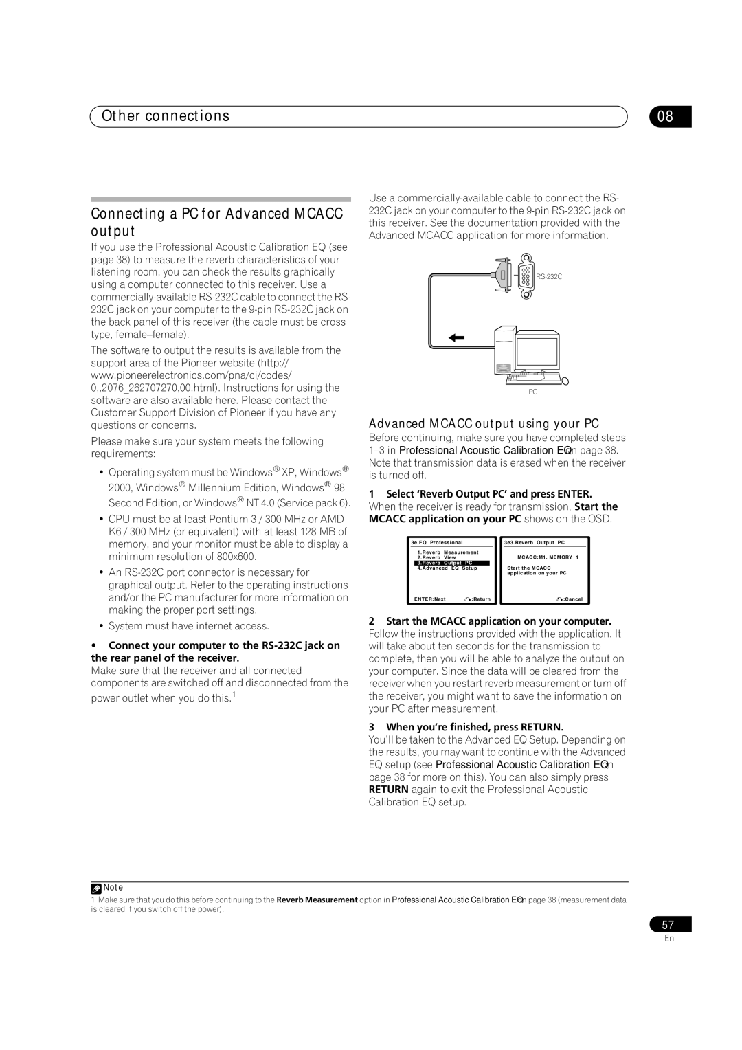 Pioneer VSX-9110TXV-K Other connections Connecting a PC for Advanced Mcacc output, Advanced Mcacc output using your PC 