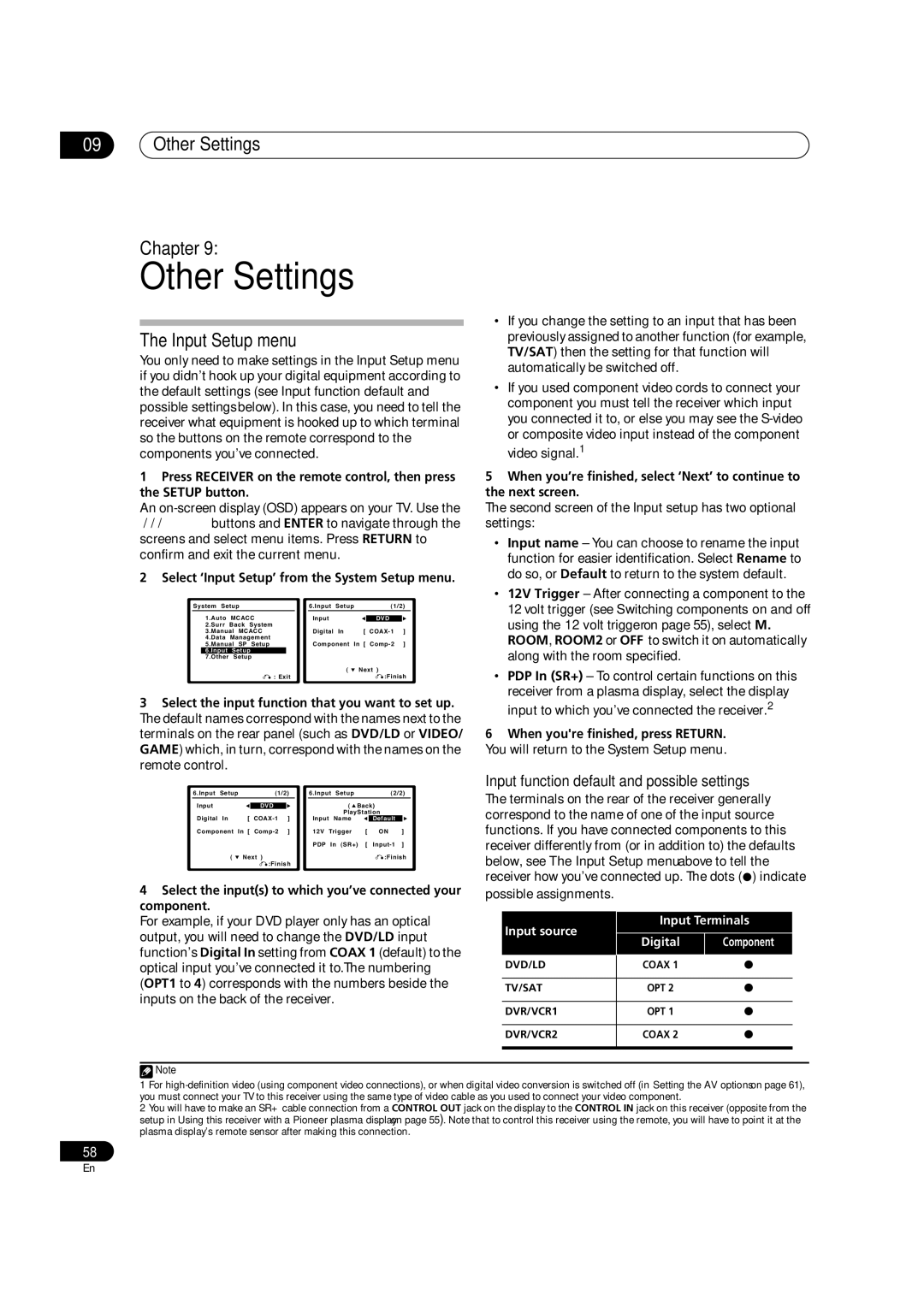 Pioneer VSX-9110TXV-K Other Settings Chapter, Input Setup menu, Input function default and possible settings 