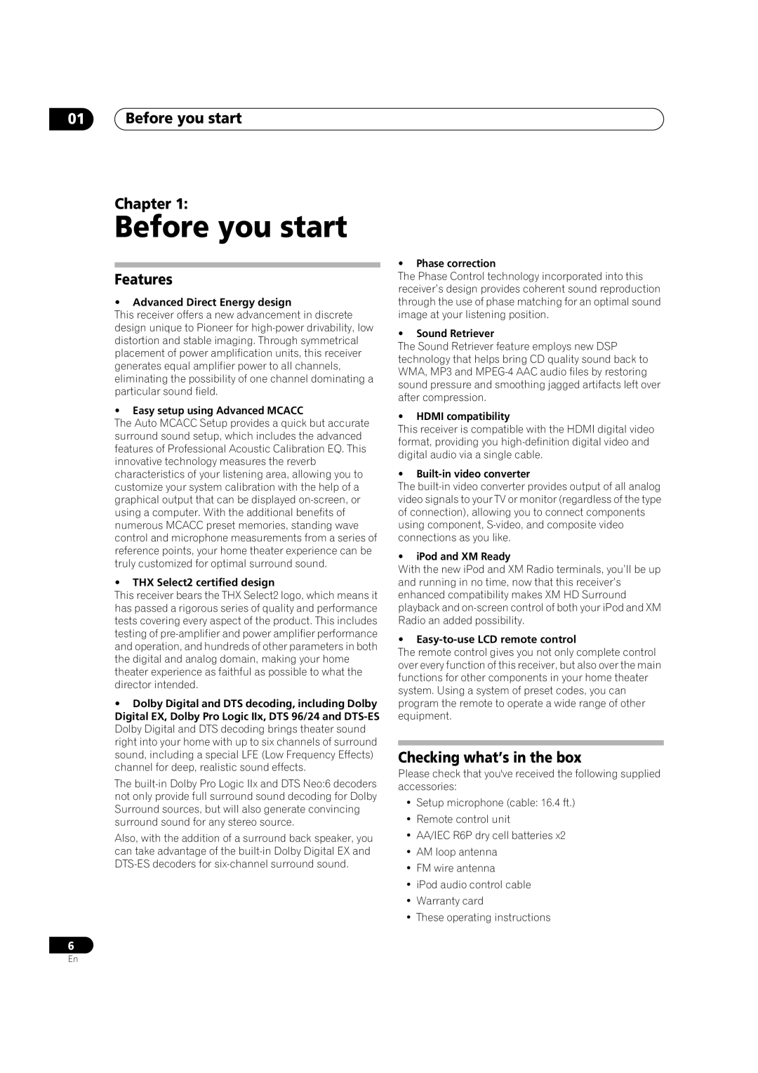 Pioneer VSX-9110TXV-K operating instructions Before you start Chapter, Features, Checking what’s in the box 