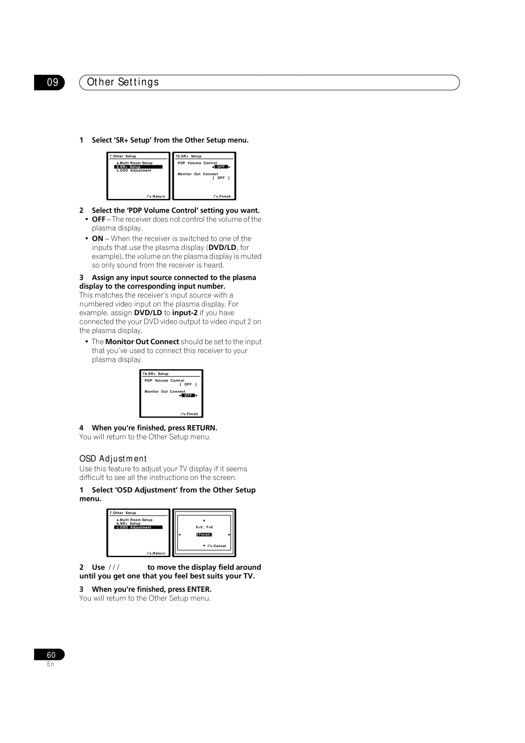 Pioneer VSX-9110TXV-K operating instructions OSD Adjustment, Select ‘SR+ Setup’ from the Other Setup menu 