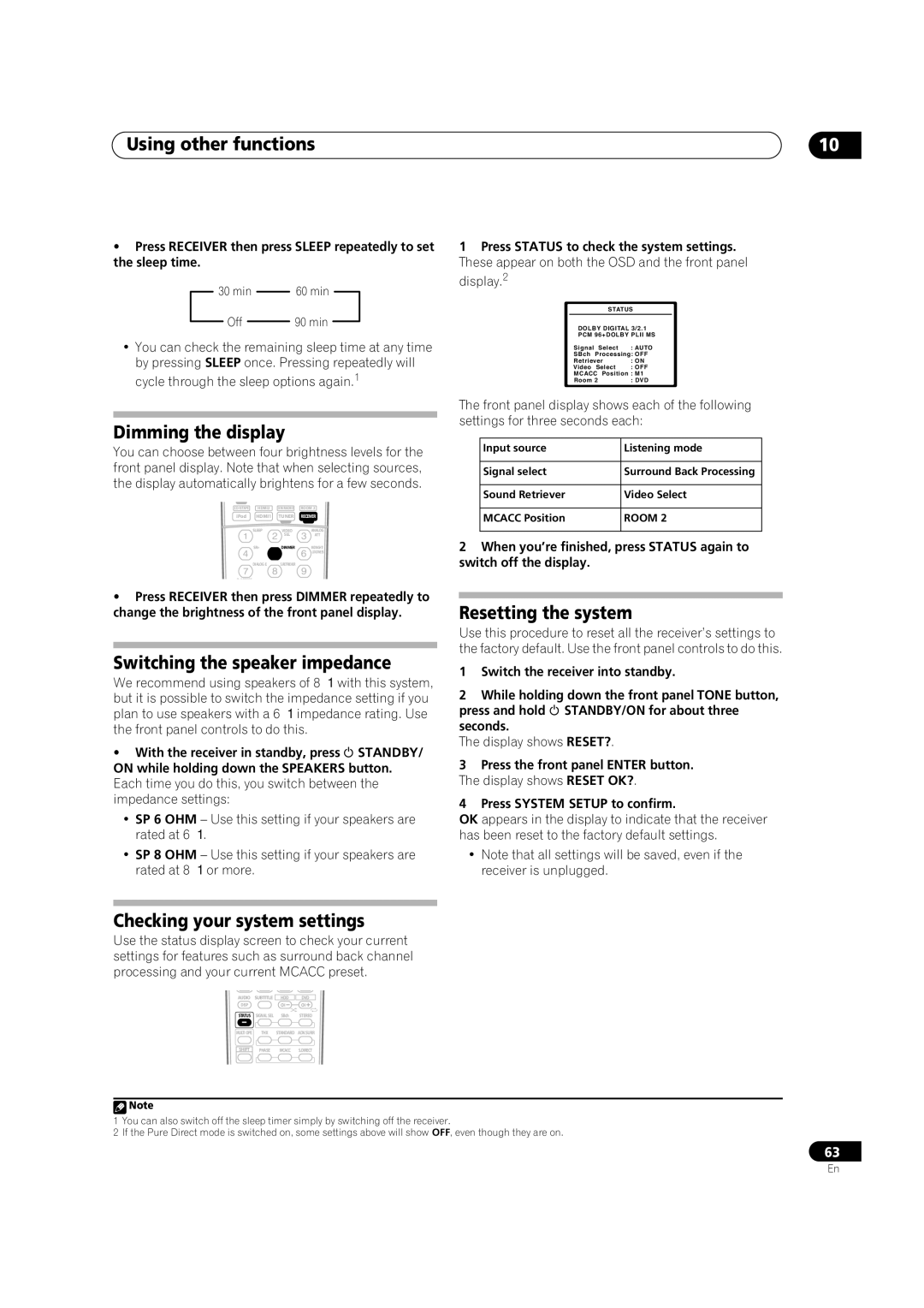 Pioneer VSX-9110TXV-K Using other functions, Dimming the display, Switching the speaker impedance, Resetting the system 