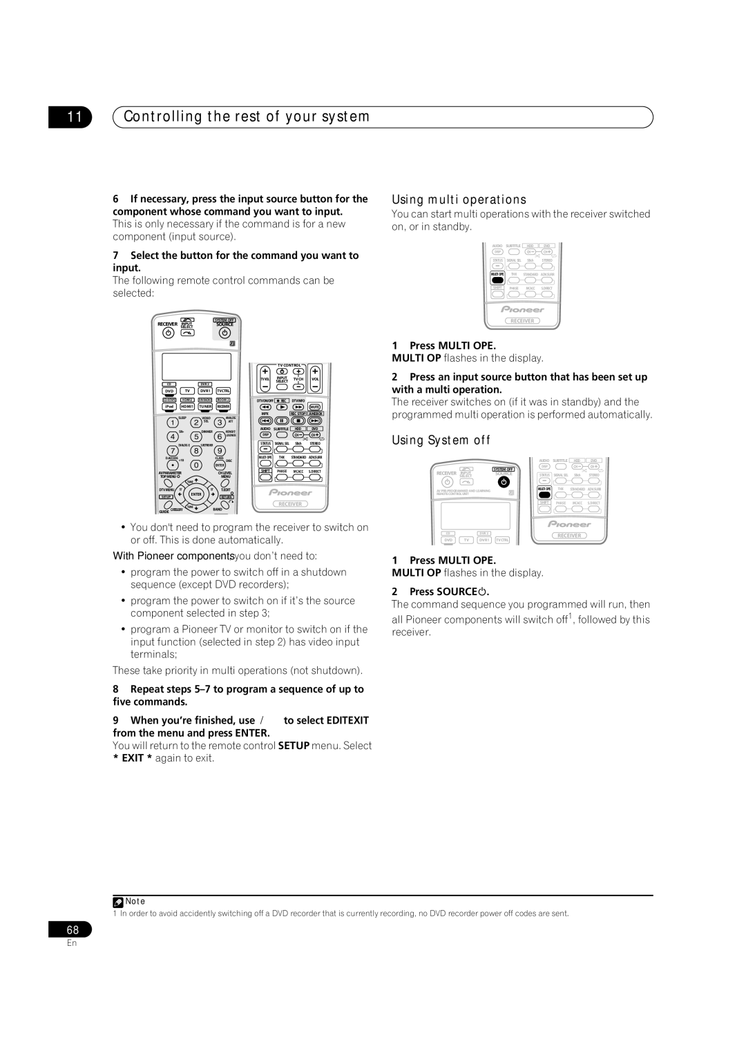 Pioneer VSX-9110TXV-K Using multi operations, Using System off, Select the button for the command you want to input 