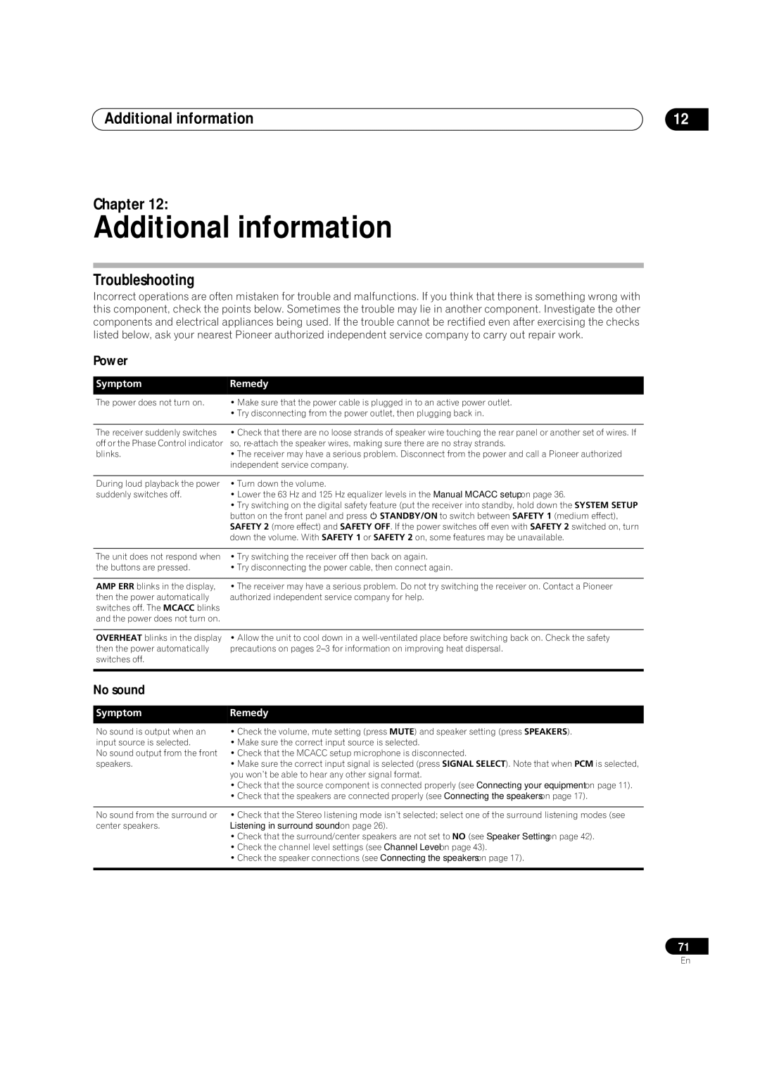 Pioneer VSX-9110TXV-K operating instructions Additional information Chapter, Troubleshooting, Power, No sound 