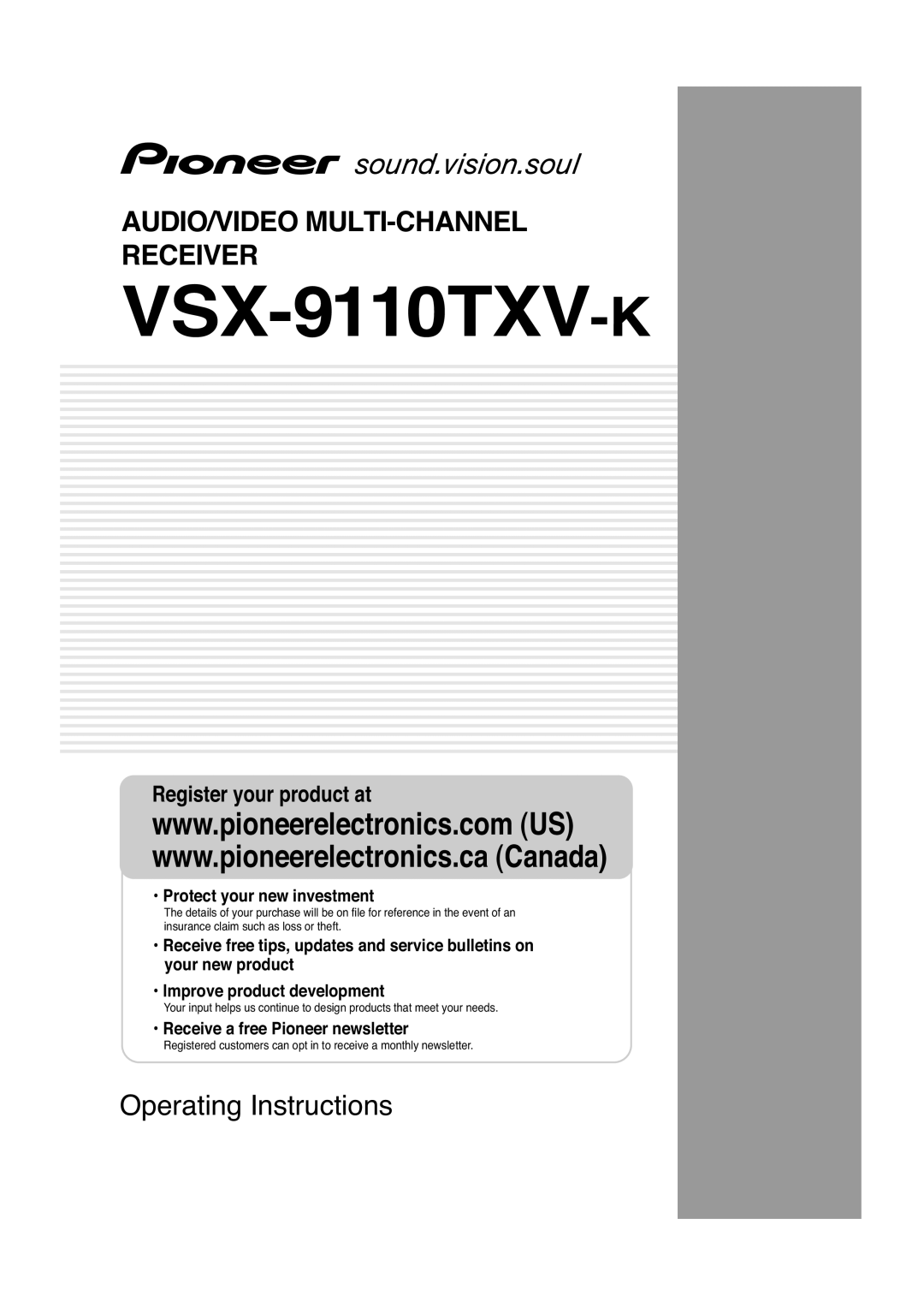 Pioneer VSX-9110TXV-K operating instructions Audio/Video Multi-Channelreceiver, Operating Instructions 