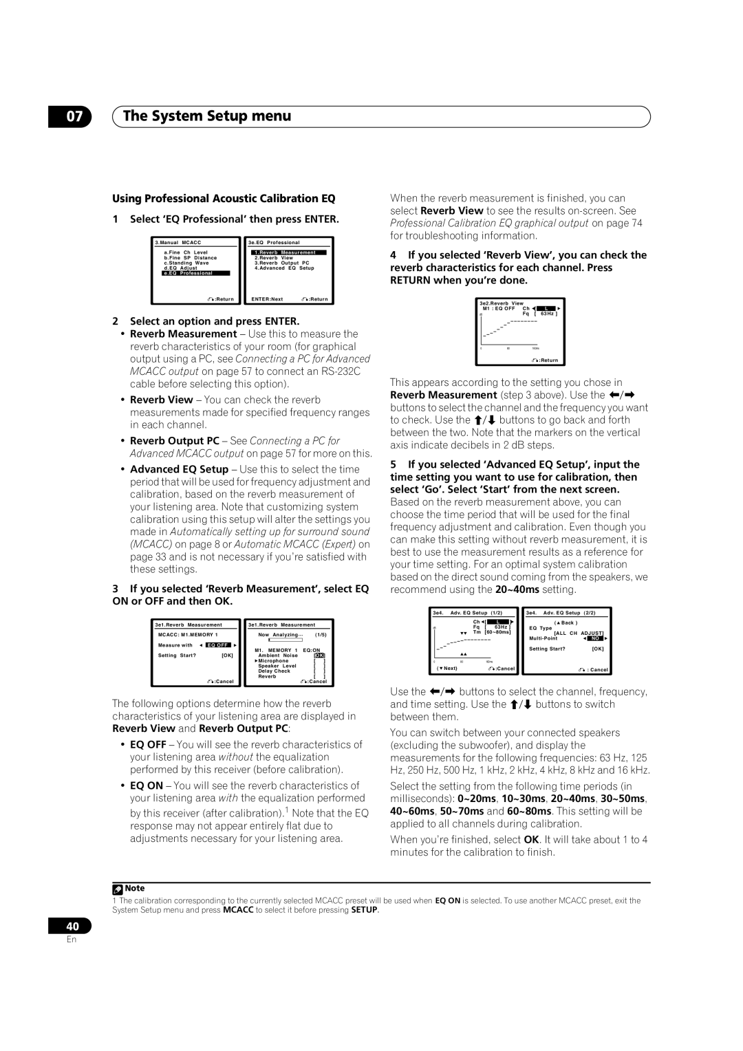 Pioneer VSX-9110TXV-K operating instructions Using Professional Acoustic Calibration EQ, 07The System Setup menu 