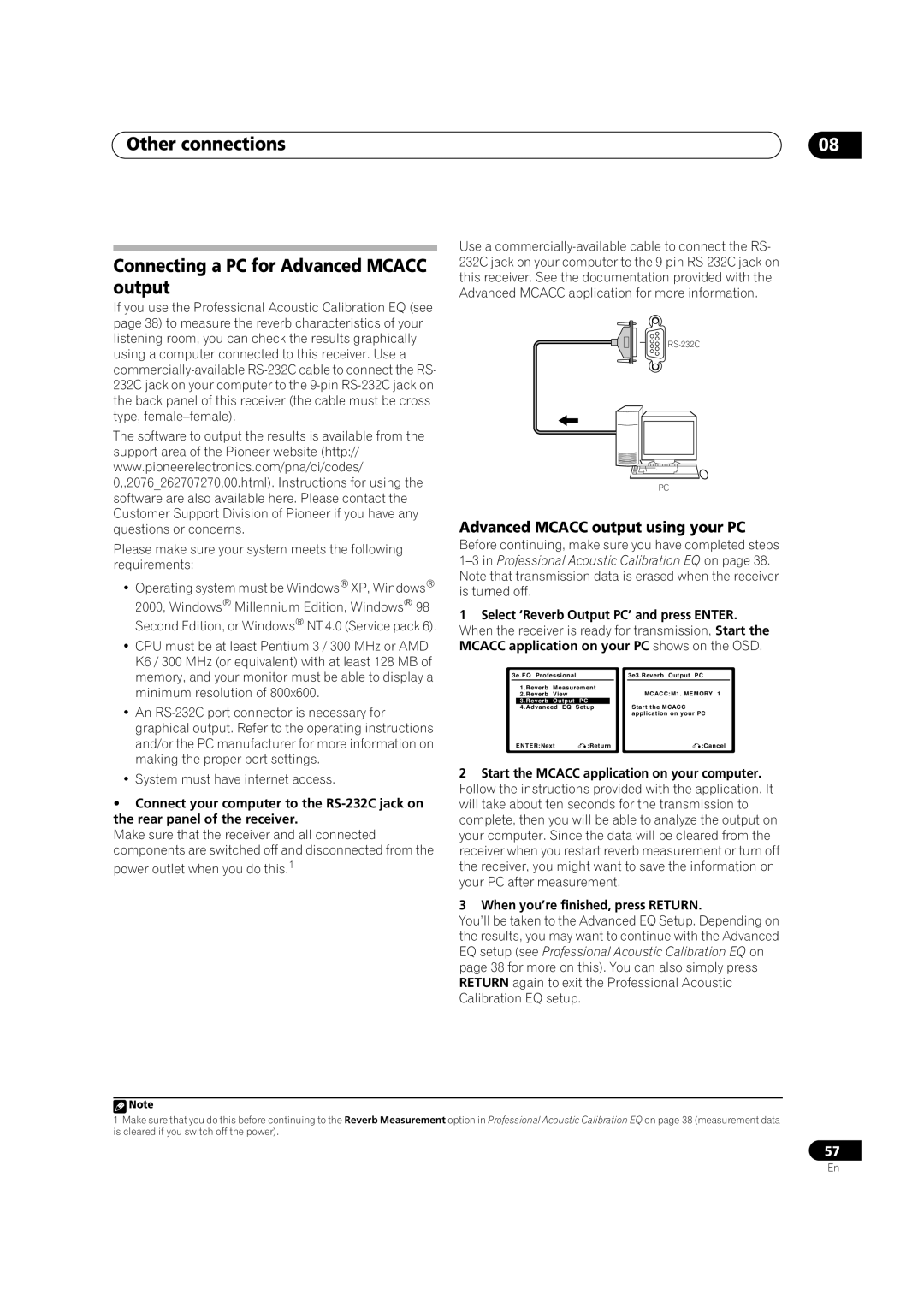Pioneer VSX-9110TXV-K Connecting a PC for Advanced MCACC output, Advanced MCACC output using your PC, Other connections 