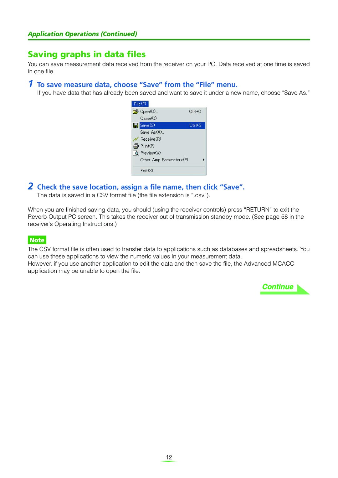 Pioneer VSX-9120TXH-K manual Saving graphs in data files, To save measure data, choose Save from the File menu 