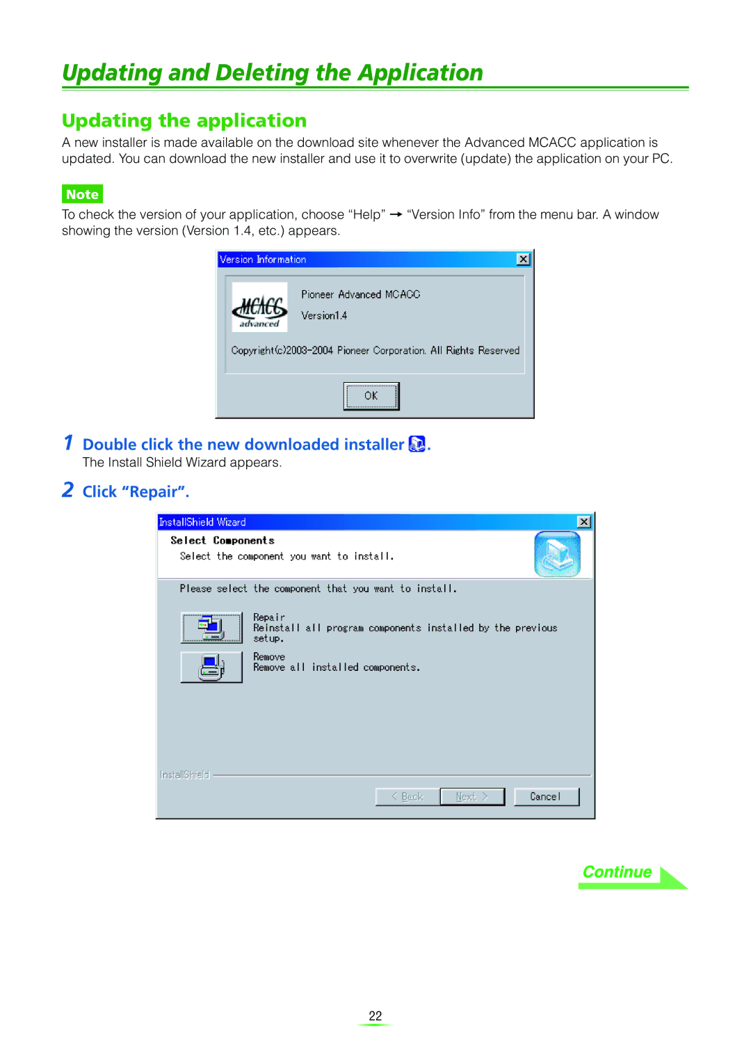 Pioneer VSX-9120TXH-K manual Updating and Deleting the Application, Updating the application 