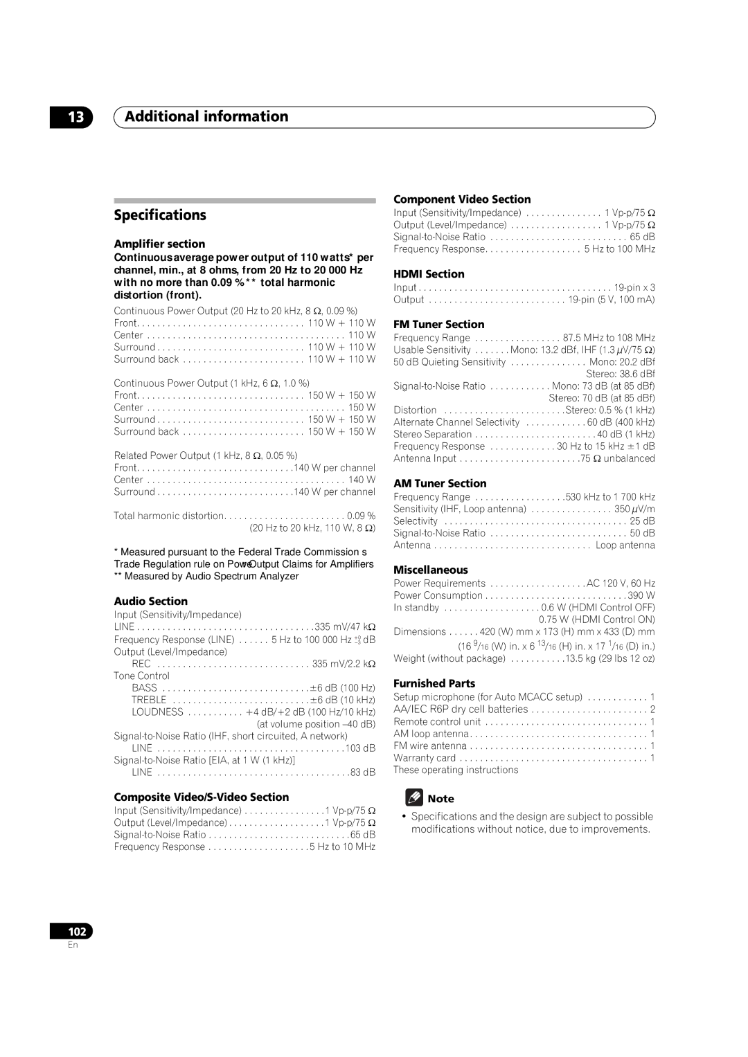 Pioneer VSX-9130TXH-K manual Additional information Specifications 