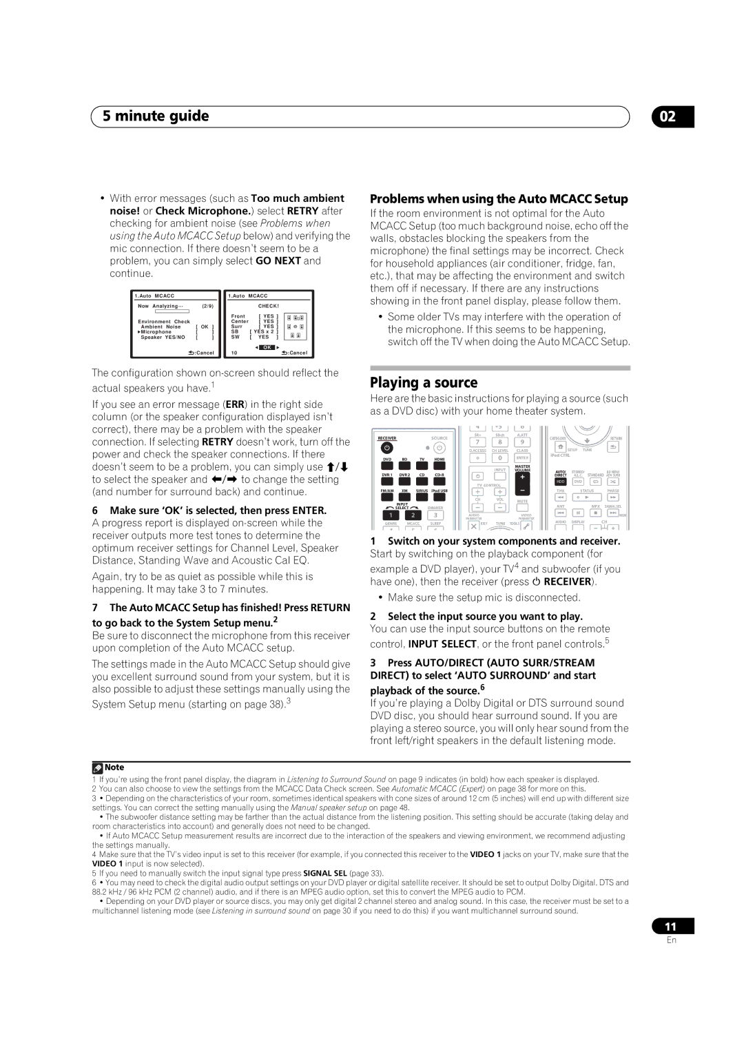 Pioneer VSX-9130TXH-K manual Minute guide, Playing a source, Problems when using the Auto Mcacc Setup 