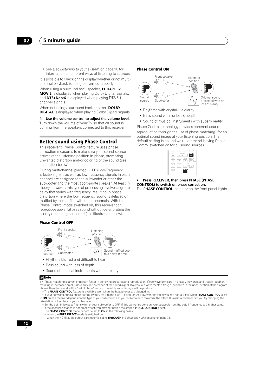 Pioneer VSX-9130TXH-K manual 02 5 minute guide, Better sound using Phase Control, Phase Control on, Phase Control OFF 