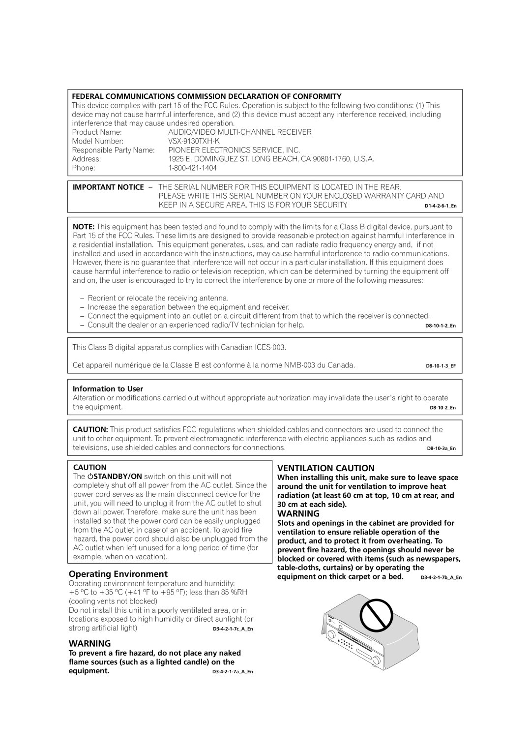 Pioneer VSX-9130TXH-K manual Operating Environment, Federal Communications Commission Declaration of Conformity 