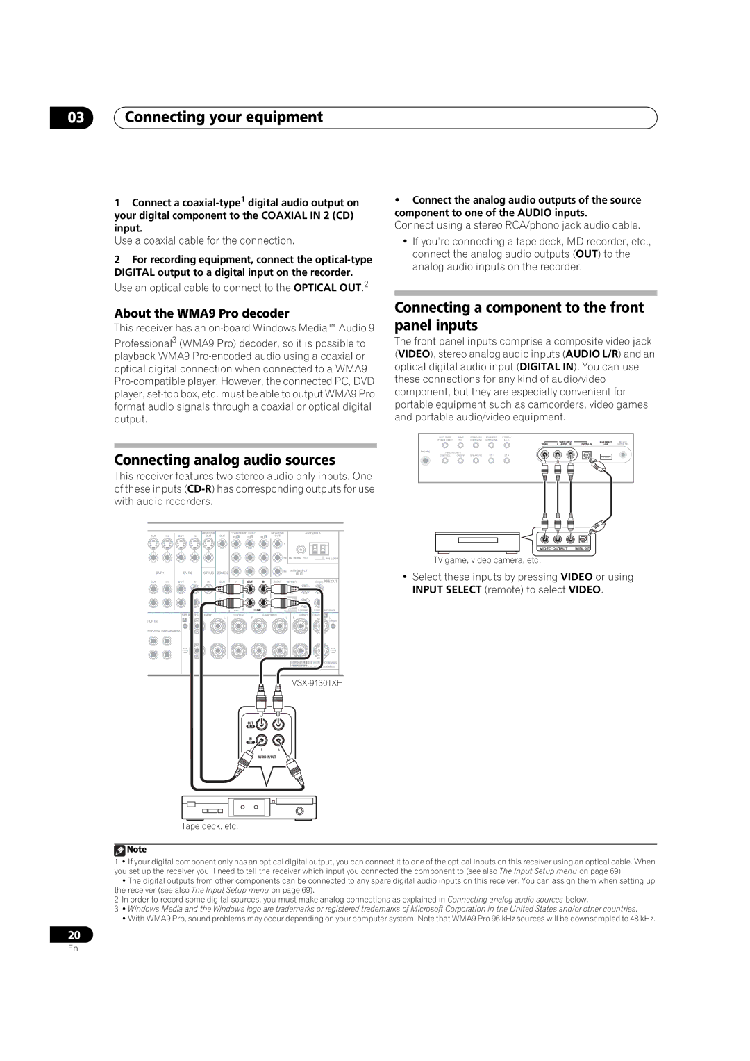 Pioneer VSX-9130TXH-K manual Connecting analog audio sources, Connecting a component to the front panel inputs 