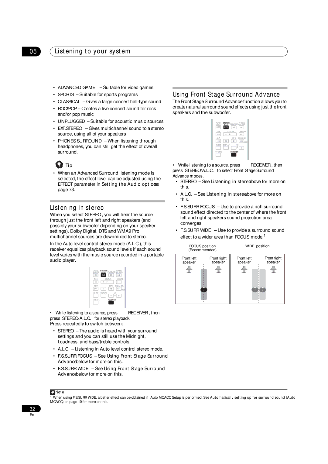 Pioneer VSX-9130TXH-K manual Listening in stereo, Using Front Stage Surround Advance, Tip 