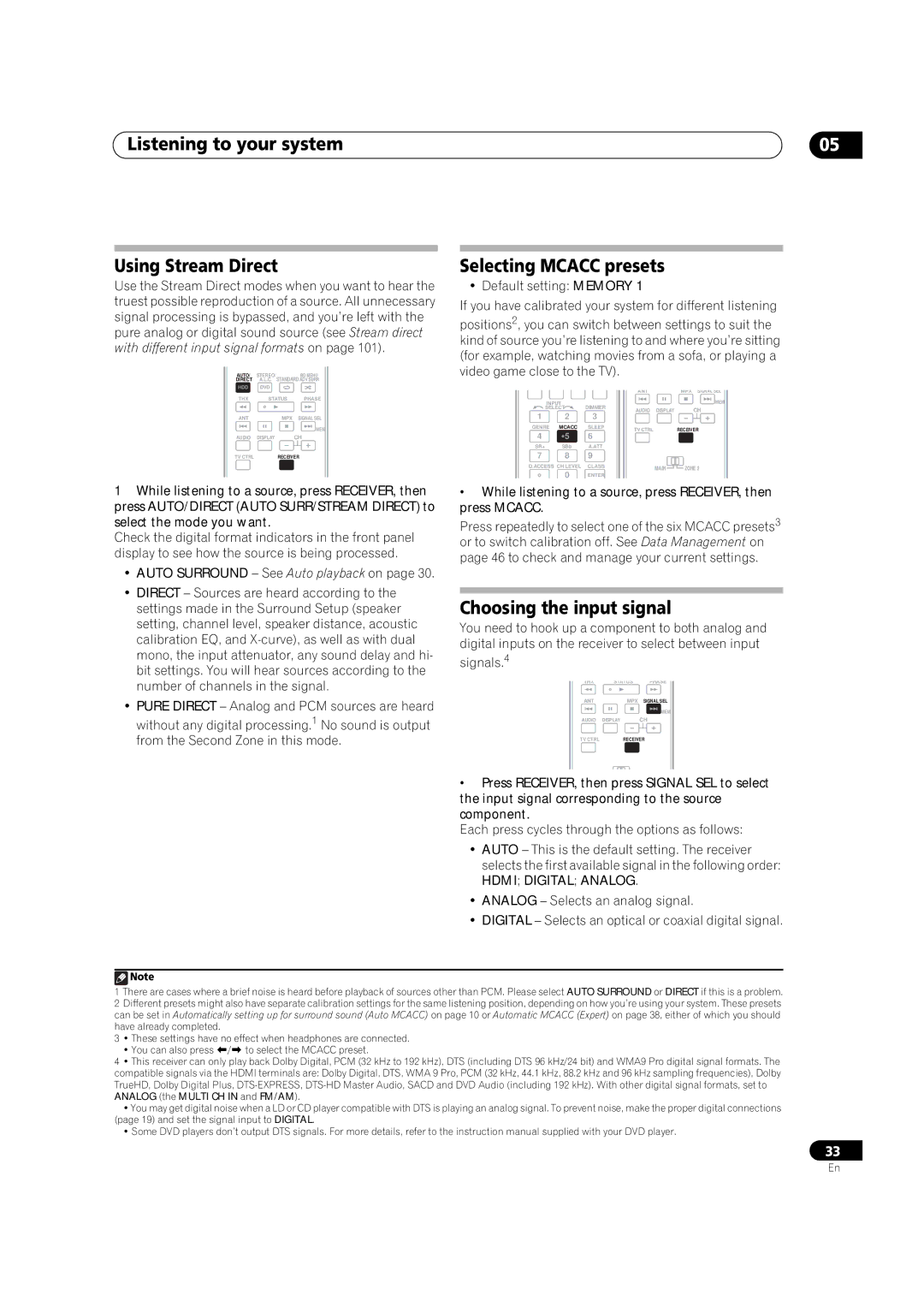 Pioneer VSX-9130TXH-K Listening to your system Using Stream Direct, Selecting Mcacc presets, Choosing the input signal 