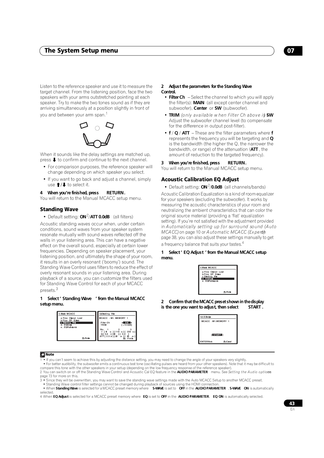 Pioneer VSX-9130TXH-K manual Acoustic Calibration EQ Adjust, Adjust the parameters for the Standing Wave Control 