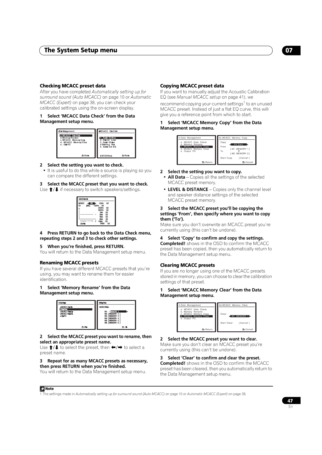 Pioneer VSX-9130TXH-K manual Checking Mcacc preset data, Copying Mcacc preset data, Renaming Mcacc presets 