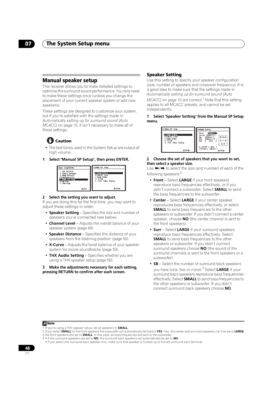 Pioneer VSX-9130TXH-K System Setup menu Manual speaker setup, Speaker Setting, Select ‘Manual SP Setup’, then press Enter 