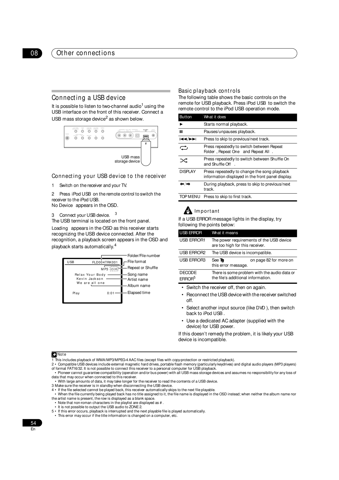 Pioneer VSX-9130TXH-K manual Other connections Connecting a USB device, Connecting your USB device to the receiver 