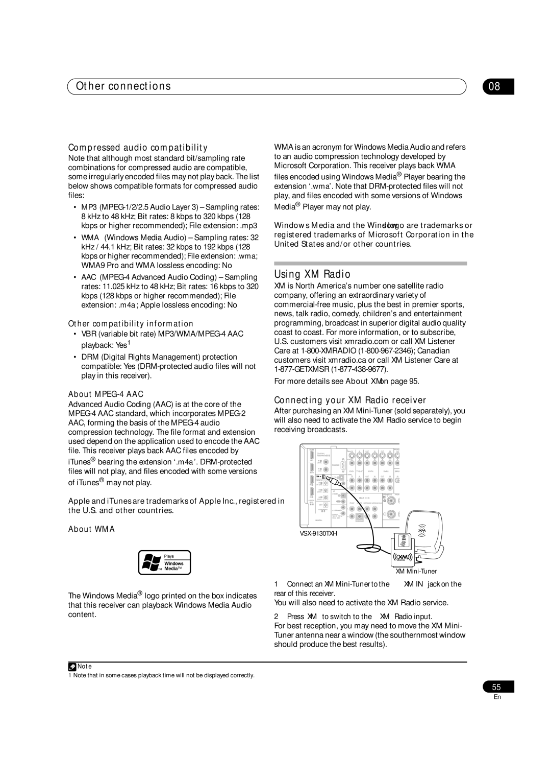 Pioneer VSX-9130TXH-K manual Using XM Radio, Compressed audio compatibility, Connecting your XM Radio receiver 