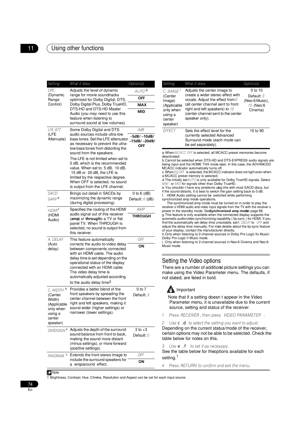 Pioneer VSX-9130TXH-K manual Using other functions, Setting the Video options, Press RECEIVER, then press Video Parameter 