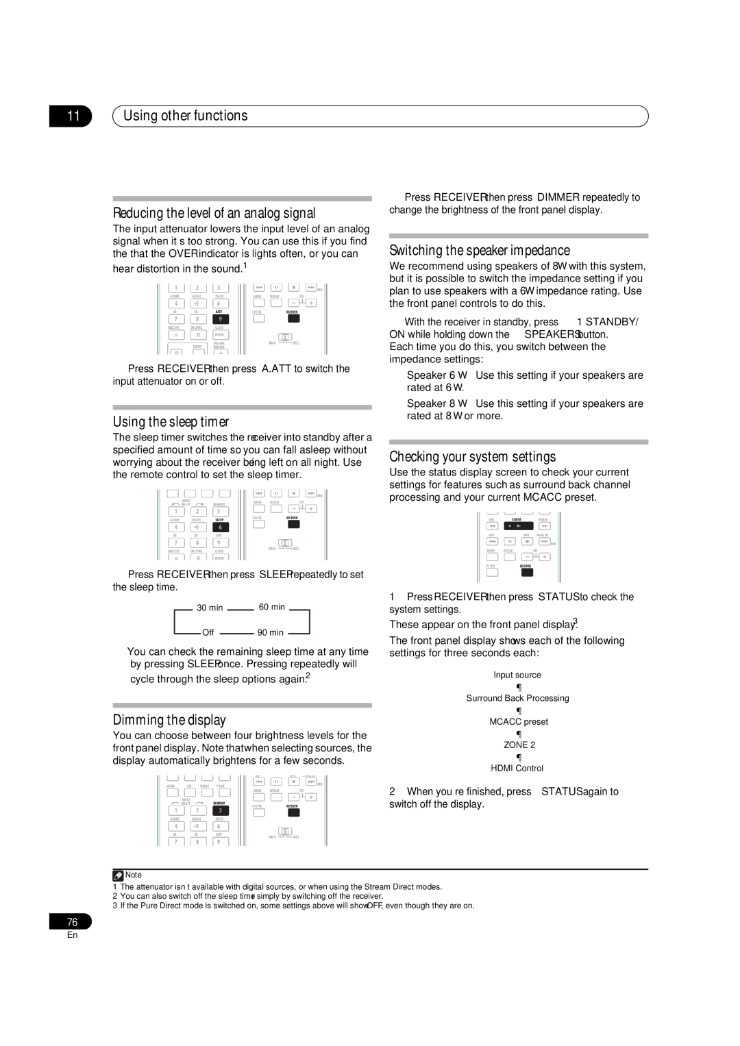 Pioneer VSX-9130TXH-K manual Using the sleep timer, Switching the speaker impedance, Checking your system settings 