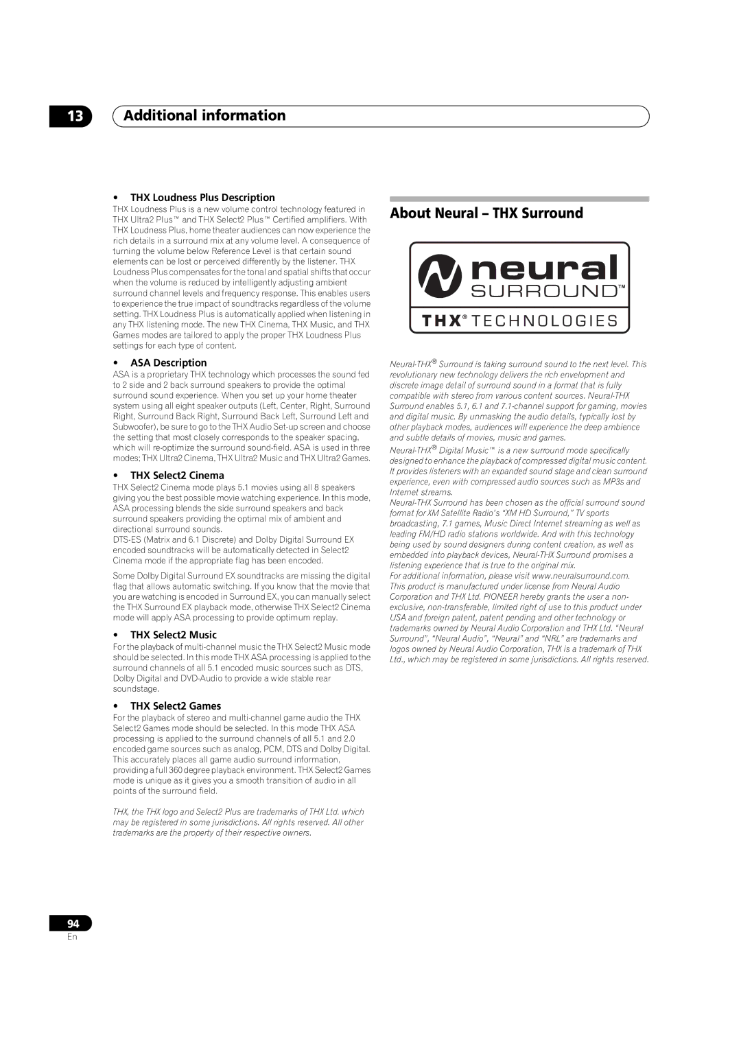 Pioneer VSX-9130TXH-K manual About Neural THX Surround 