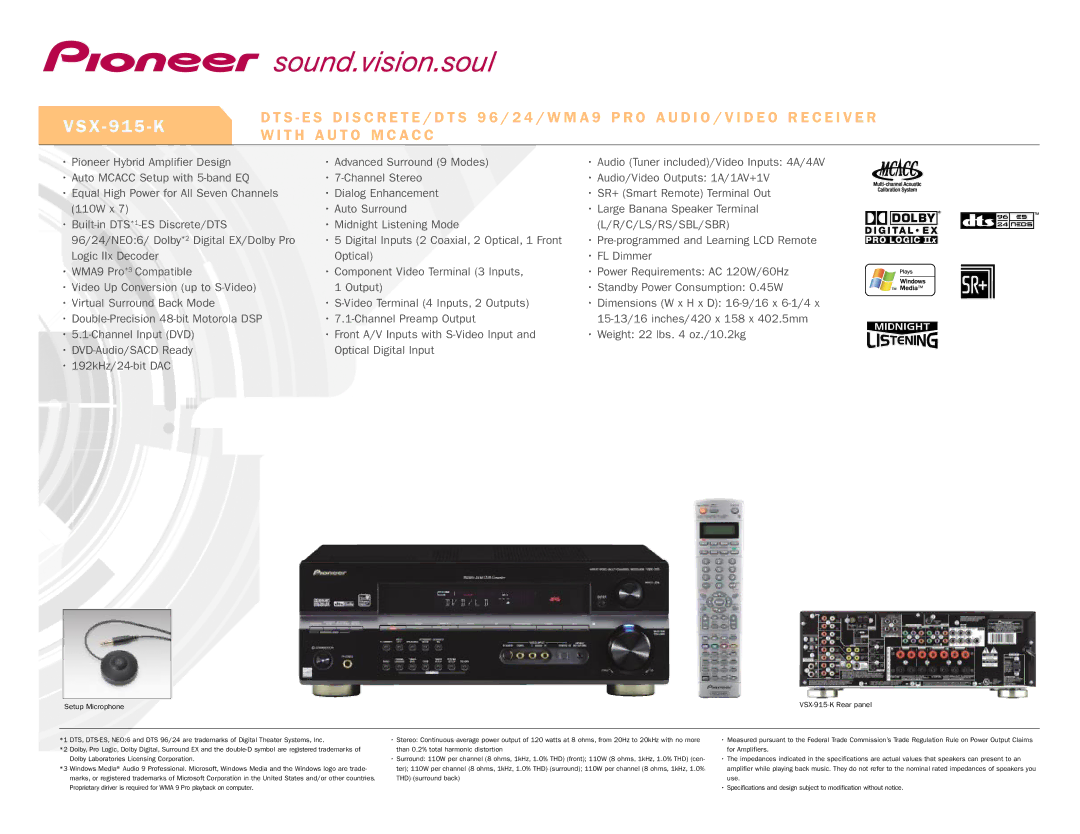 Pioneer VSX-915-K specifications X 9 1 5 K, T H a U T O M C a C C, C/Ls/Rs/Sbl/Sbr 