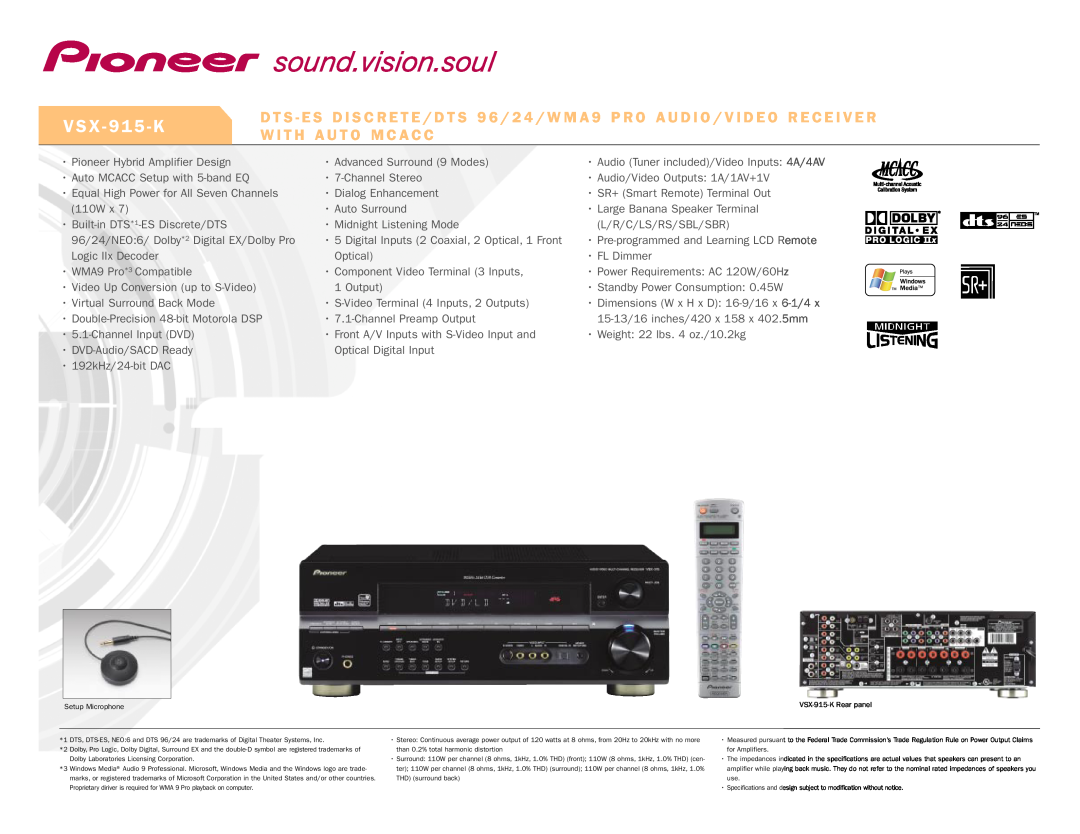 Pioneer VSX-915-K specifications V S X - 9 1 5 - K, W I T H A U T O M C A C C 