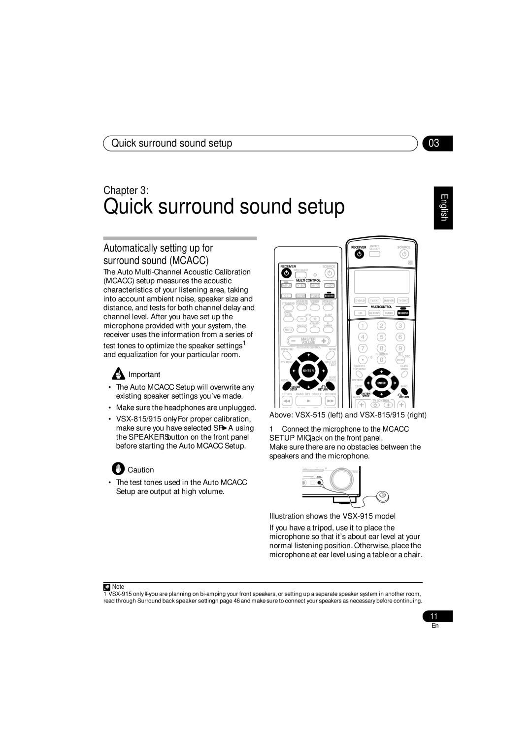 Pioneer VSX-815-S/-K, VSX-915-S/-K manual Quick surround sound setup Chapter, Above VSX-515 left and VSX-815/915 right 