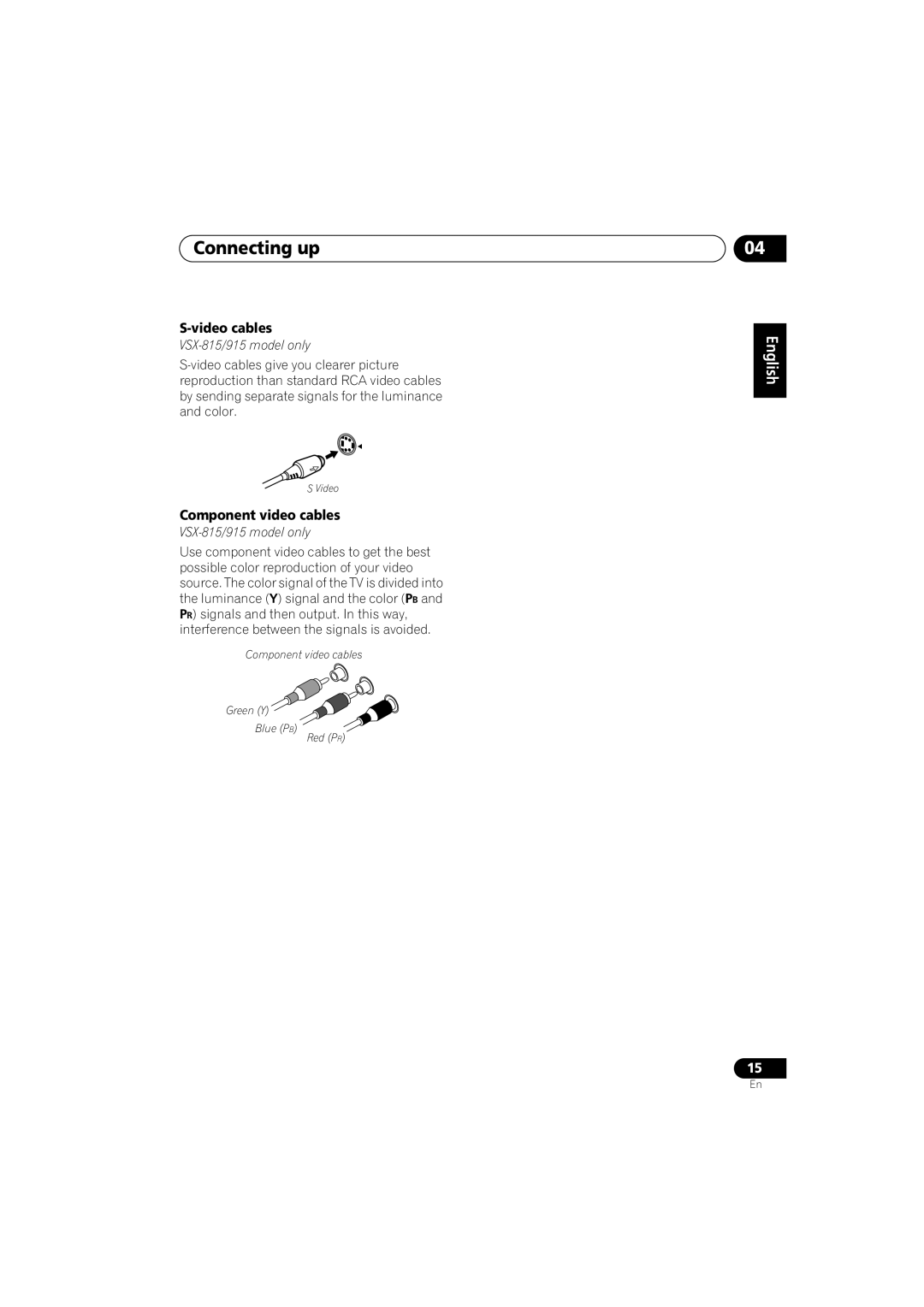 Pioneer VSX-815-S/-K, VSX-915-S/-K manual Connecting up, Video cables, Component video cables, VSX-815/915 model only 
